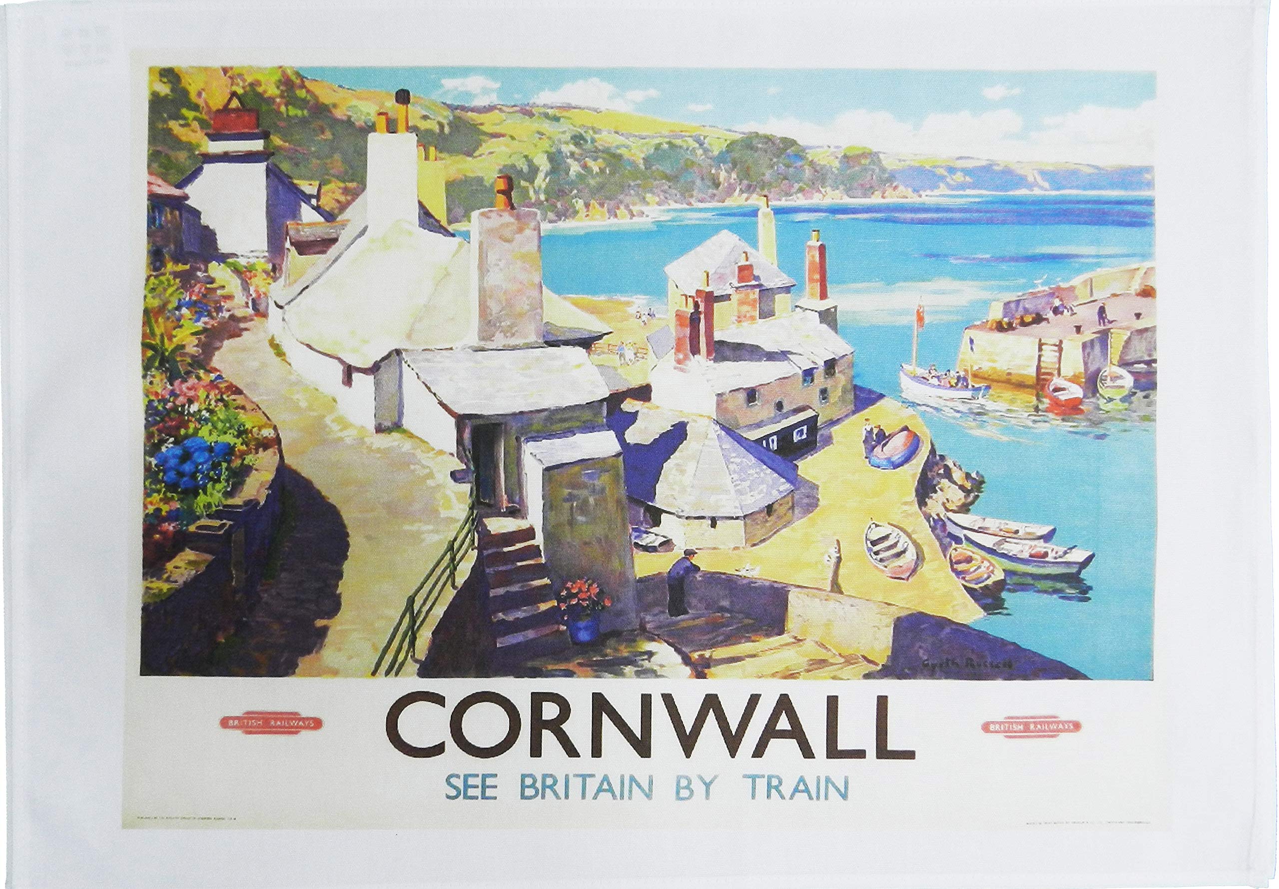 Half A Donkey White Cornwall See Britain By Train - Retro Style Travel Poster Large Cotton Tea Towel