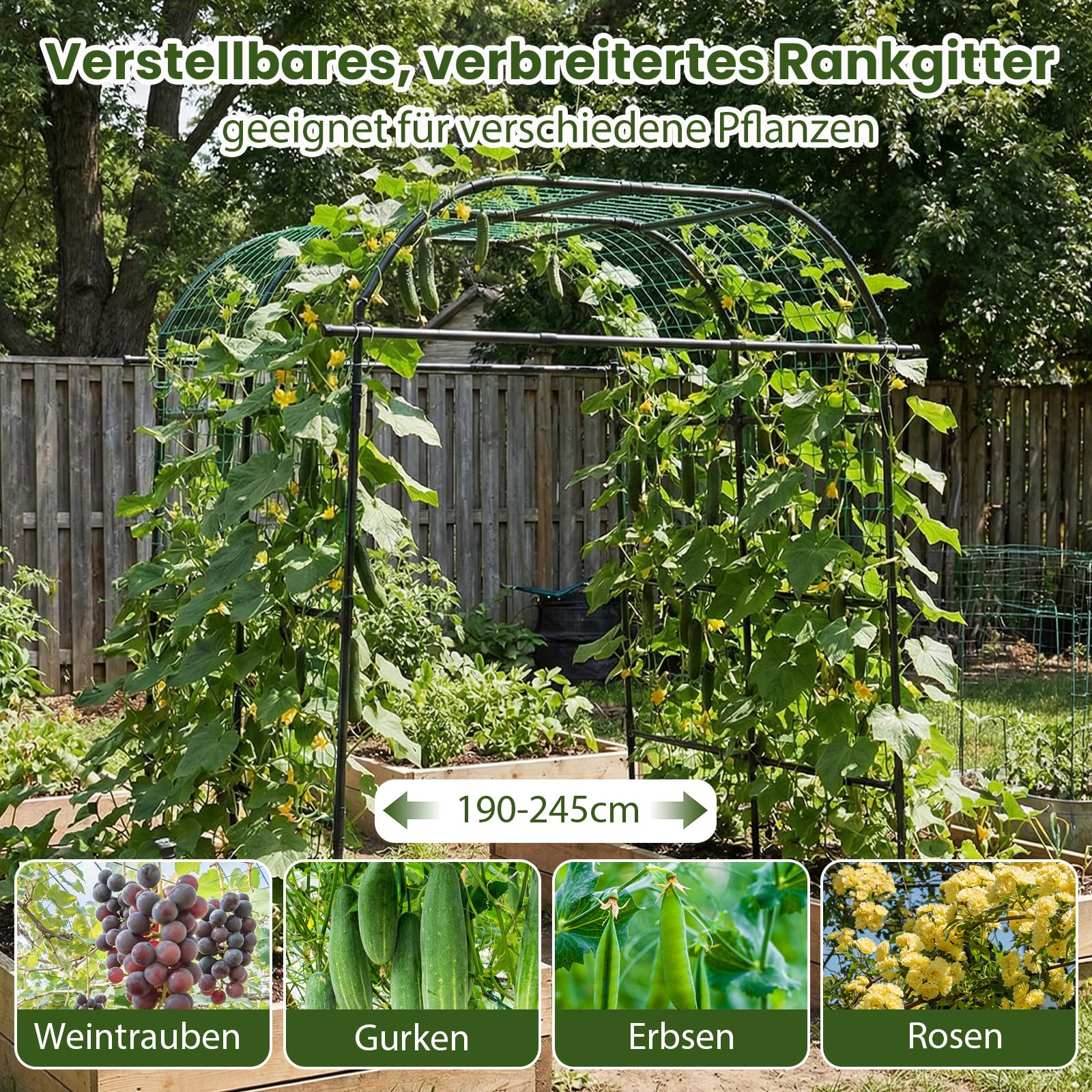 GOPLUS Rankgitter für Kletterpflanzen, 230cm hoch, Gartenbogen Metall mit verstellbare Breite, U-förmige Rankhilfe mit Netz & PE-beschichtet, Rosenbogen Pflanzengitter für Gurken, Blumen & Weinreben