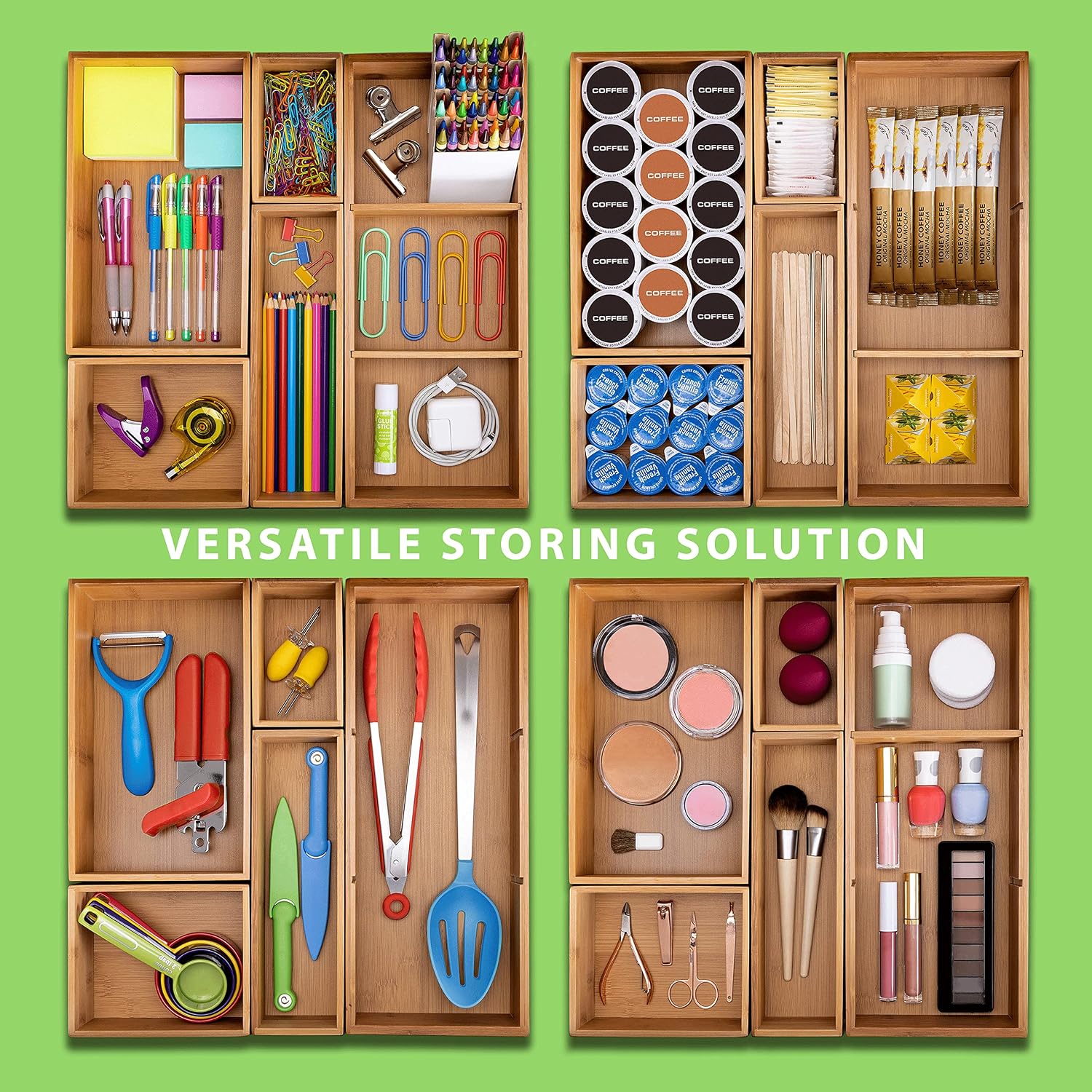 Seville Classics Bamboo Premium Organizer Storage Bins for Kitchen Silverware, Pantry, Closet, Office Desk, Pens, Utensils, Makeup, K Cup, Bamboo, Bin Set w/Dividers (5 Piece)