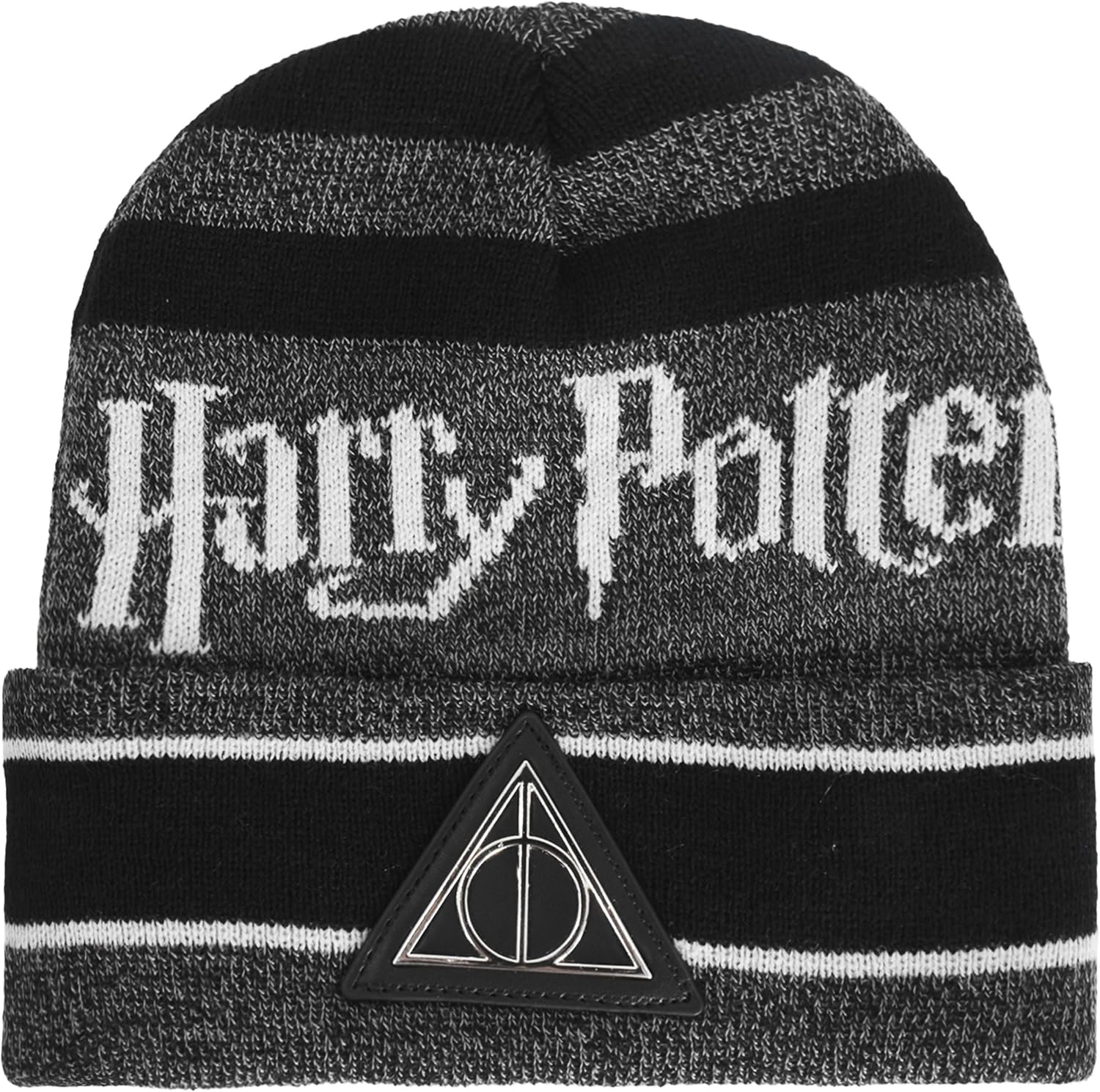 Harry Potter Deathly Hallows Beanie Hat, Adult Unisex Winter Knit Cap with Cuffed Embroidery, Black, One Size