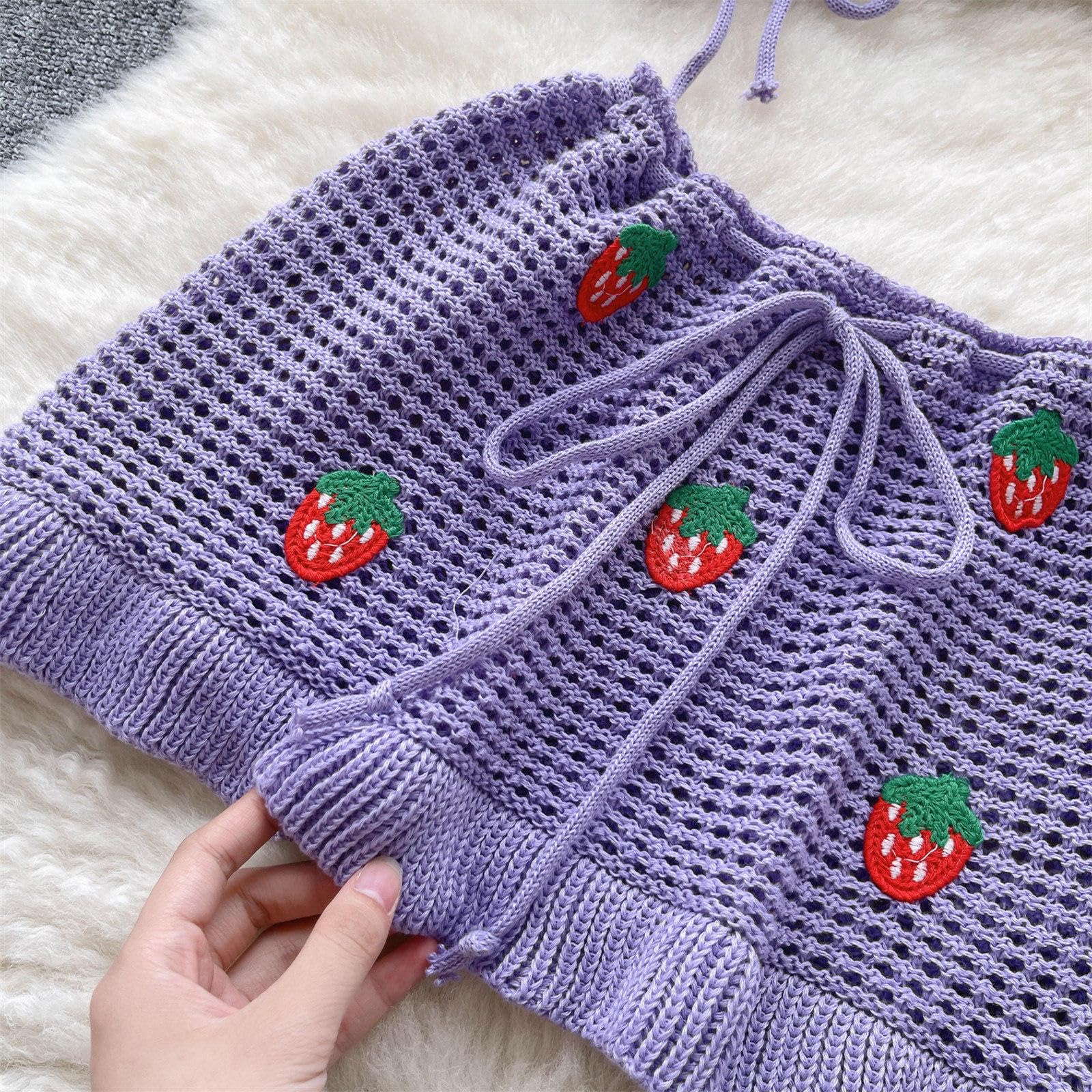 Jilneed Women Crochet Knitted Two Piece Outfit Hollow Out Bikini Halter Top and Mini Skirt Swimsuit Beach Cover Up Set: One Size Purple