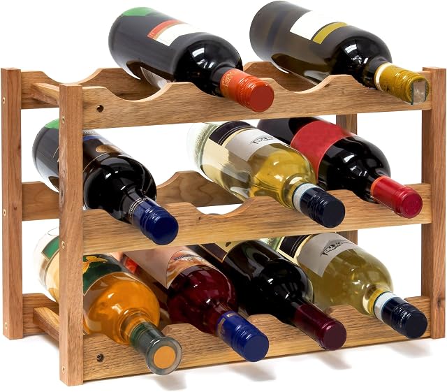 Relaxdays small, bottle rack for 12 bottles of wine, H x W x D: 28 x 21 x 42 cm, natural, wood, wine rack walnut with 3 levels