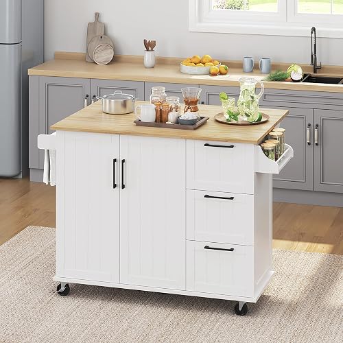 Yaheetech 53' Width Rolling Kitchen Island with Storage, Dropleaf, White | Kitchen Island on 5 Universal Wheels with Rub