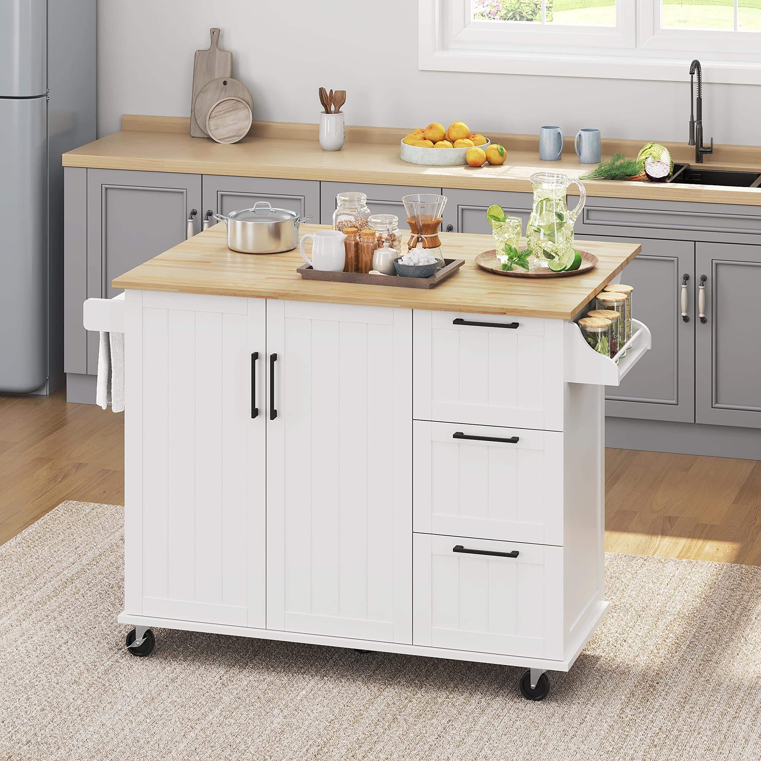 Kitchen Island Cart with Drop Leaf, Kitchen Breakfast Bar on 5 Universal Wheels with Storage Cabinet, Rubberwood Top, 3 Drawers, Spice Rack for Dining Room, 53W x 30D x 36H, White