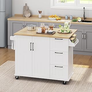 Yaheetech Kitchen Island with Drop-Leaf Breakfast Bar, 53" Width Kitchen Cart on 5 Universal Wheels with Rubberwood Top, Storage Cabinet, 3 Drawers, and Spice Rack for Dining Room, White