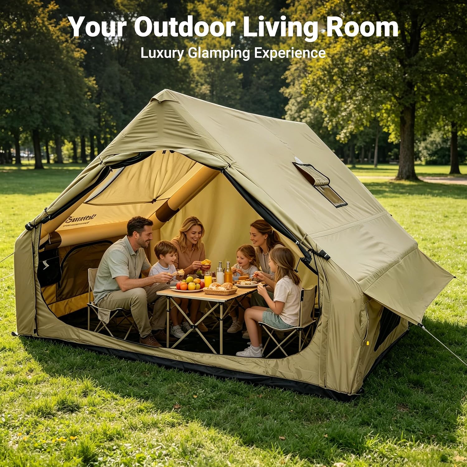 Inflatable Glamping Camping Tent 2-10 Person, Quick Setup Tent with Pump, Hot Tent with Stove Jack, Waterproof Windproof Heavy Duty Oxford, Panoramic Skylight, 4 Season Family Outdoor Shelter