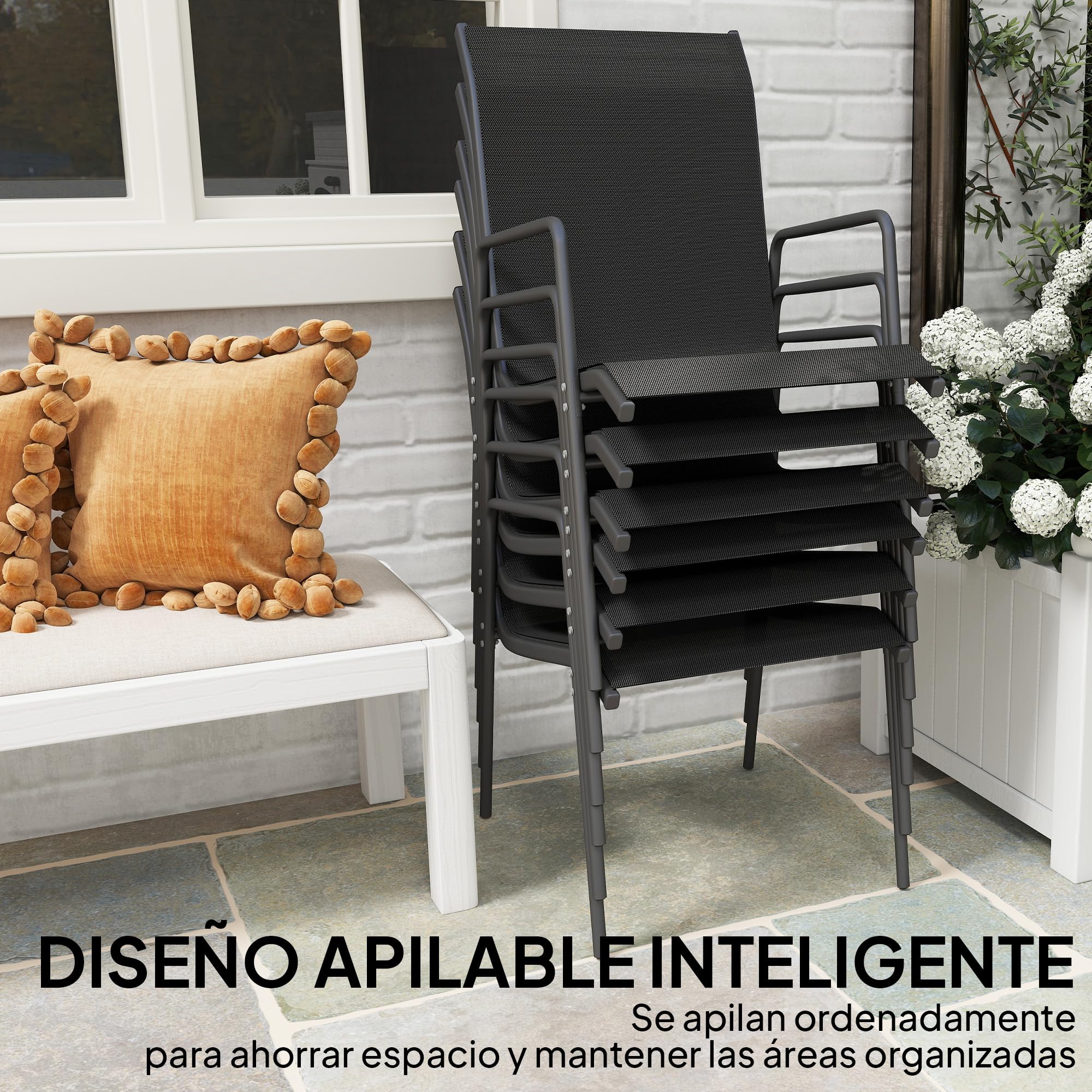 Outsunny Juego de 6 Sillas de Jardín Exterior Apilables, Sillas Terraza Exterior con Reposabrazos, Asiento y Respaldo de Malla Transpirable, Estructura Metálica Resistente, 51x69x87 cm, Negro — view 6