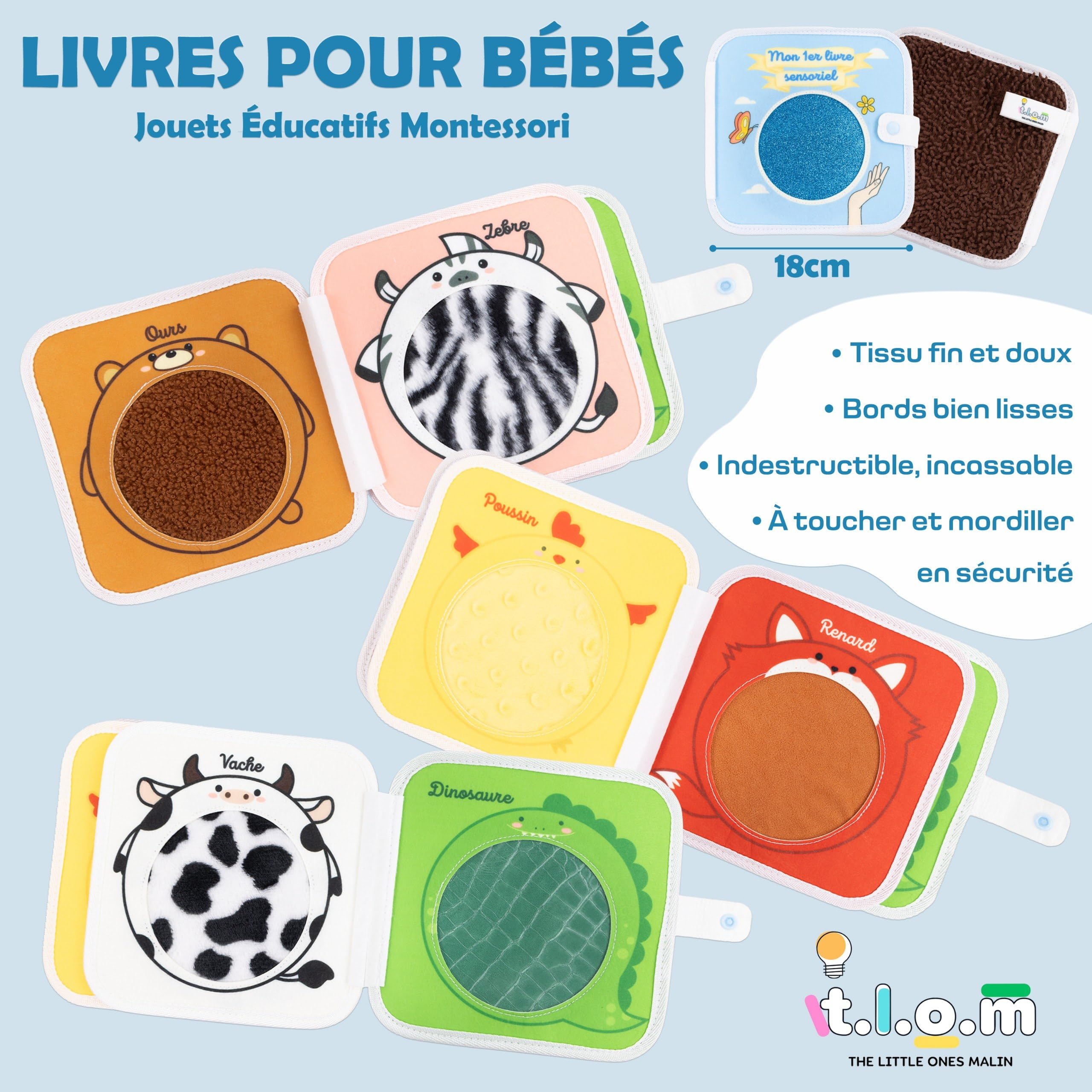 The Little Ones Malin I Livre sensoriel d’éveil Montessori de motricité fine en français pour bébé de 1 à 3 ans, cadeau pour fille et garçon busy board avec animaux, textures et pages en couleurs.