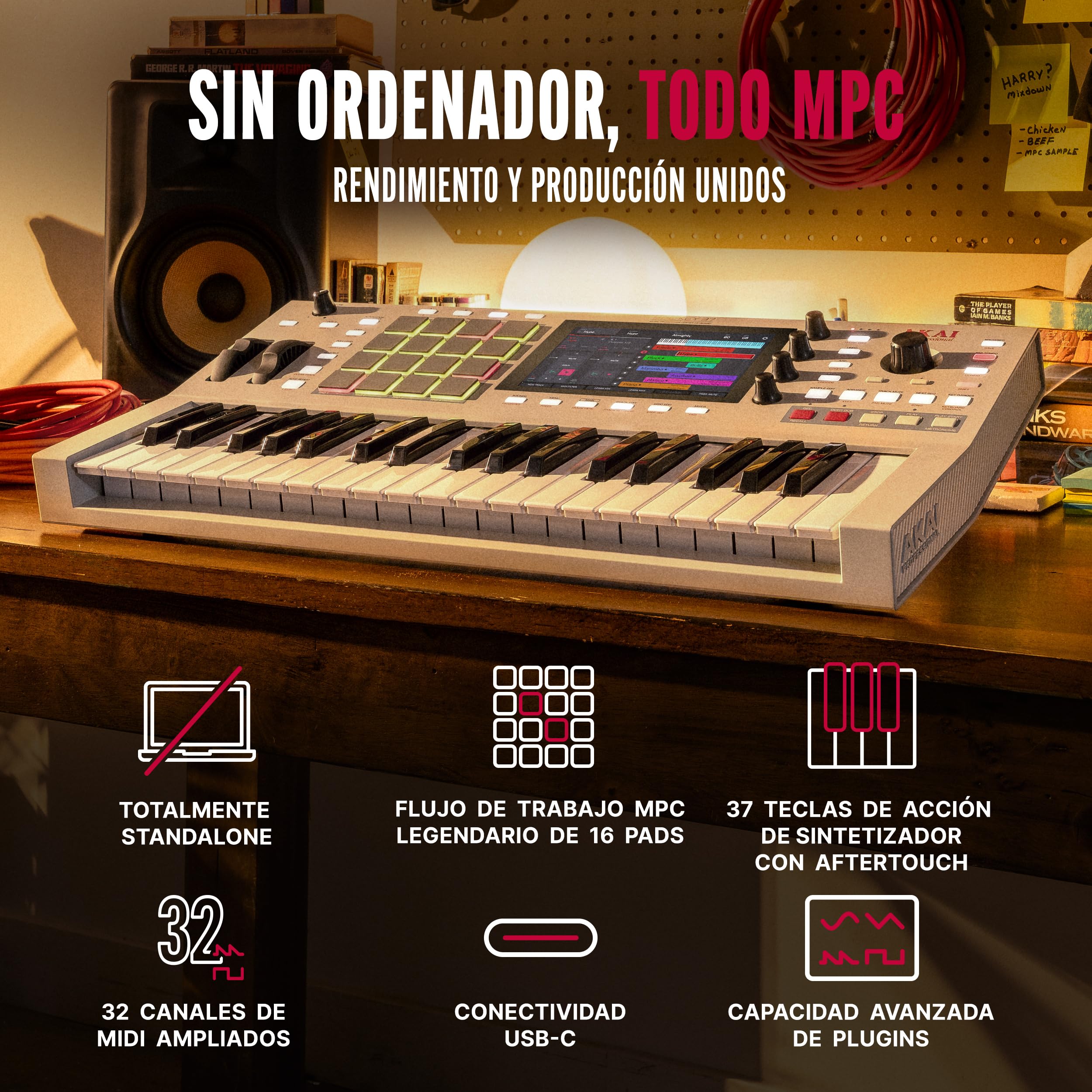 Akai Professional MPC Key 37 G2 Teclado de Producción Autónomo Next-Gen | Sintetizador para Productores, Sampling y Sequencing, con USB-C, 37 Teclas, 16 Pads MPC, Procesador 8-core, 4 GB RAM