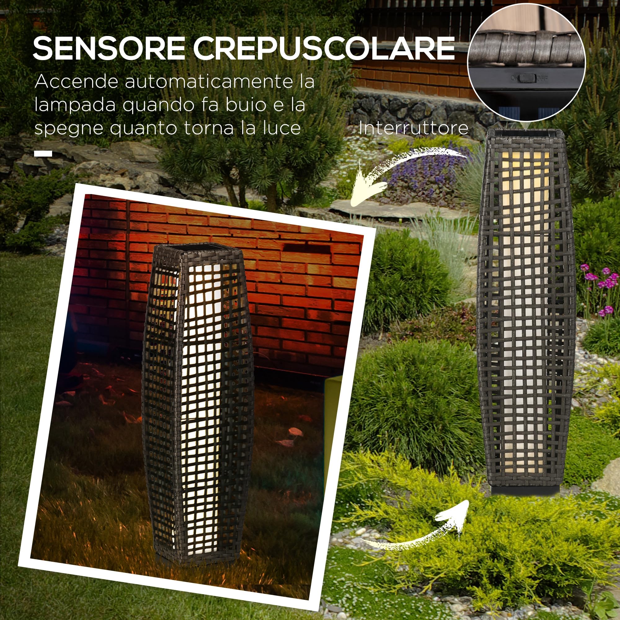 Outsunny Solar Stehlampe mit Lichtsensor Automatisch LED Solarleuchte Grau | Rattan Solarlampen, Boho-Stil, IP44 Wasserdichte Solarlampe, Akku Solarlaterne, Outdoor Lampe für Garten Balkon Rasen Hof