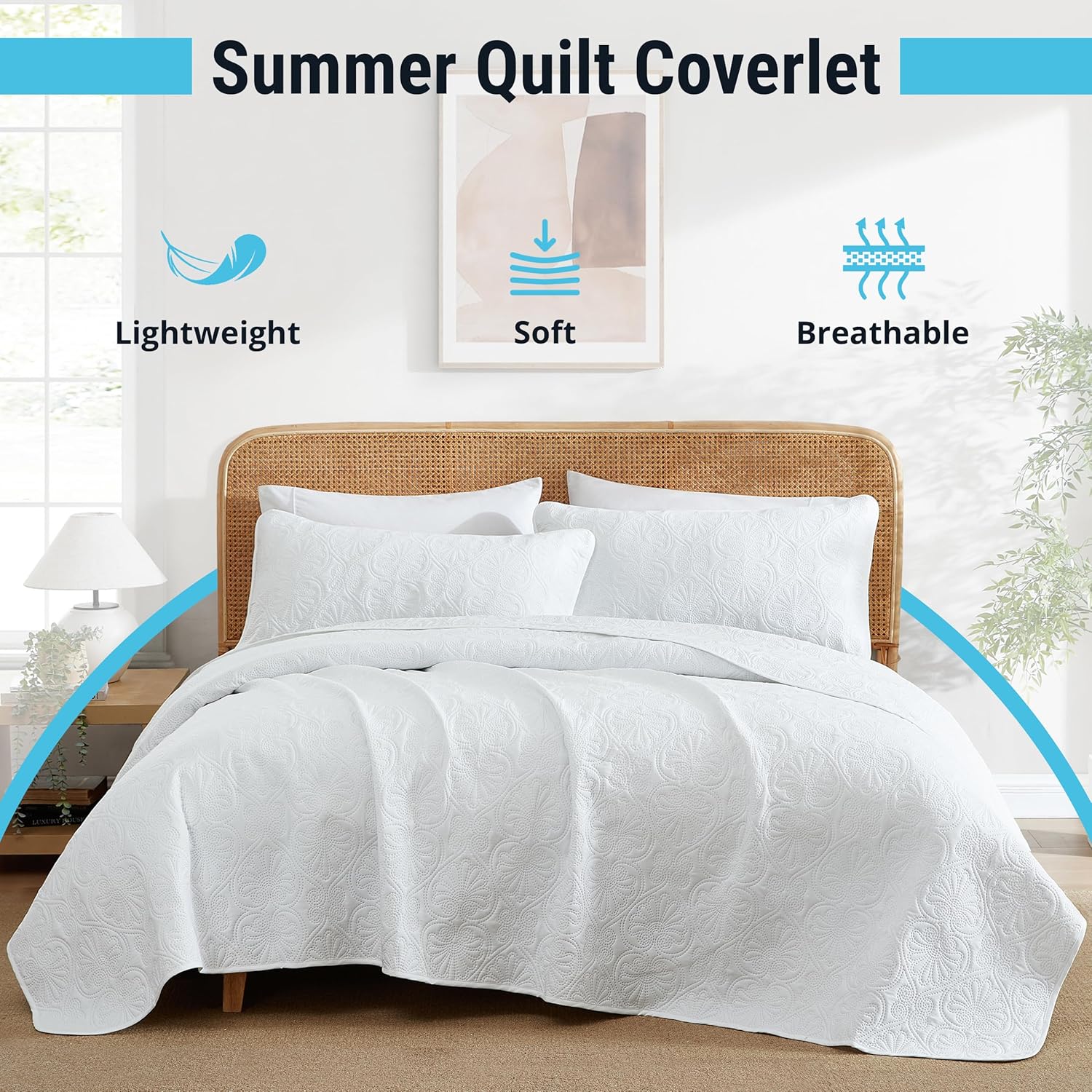 HLC.ME Benji - White Quilt Queen Size Bedding Set, Modern Lightweight Bedspread Queen Size Coverlet Set (White) - Image 2