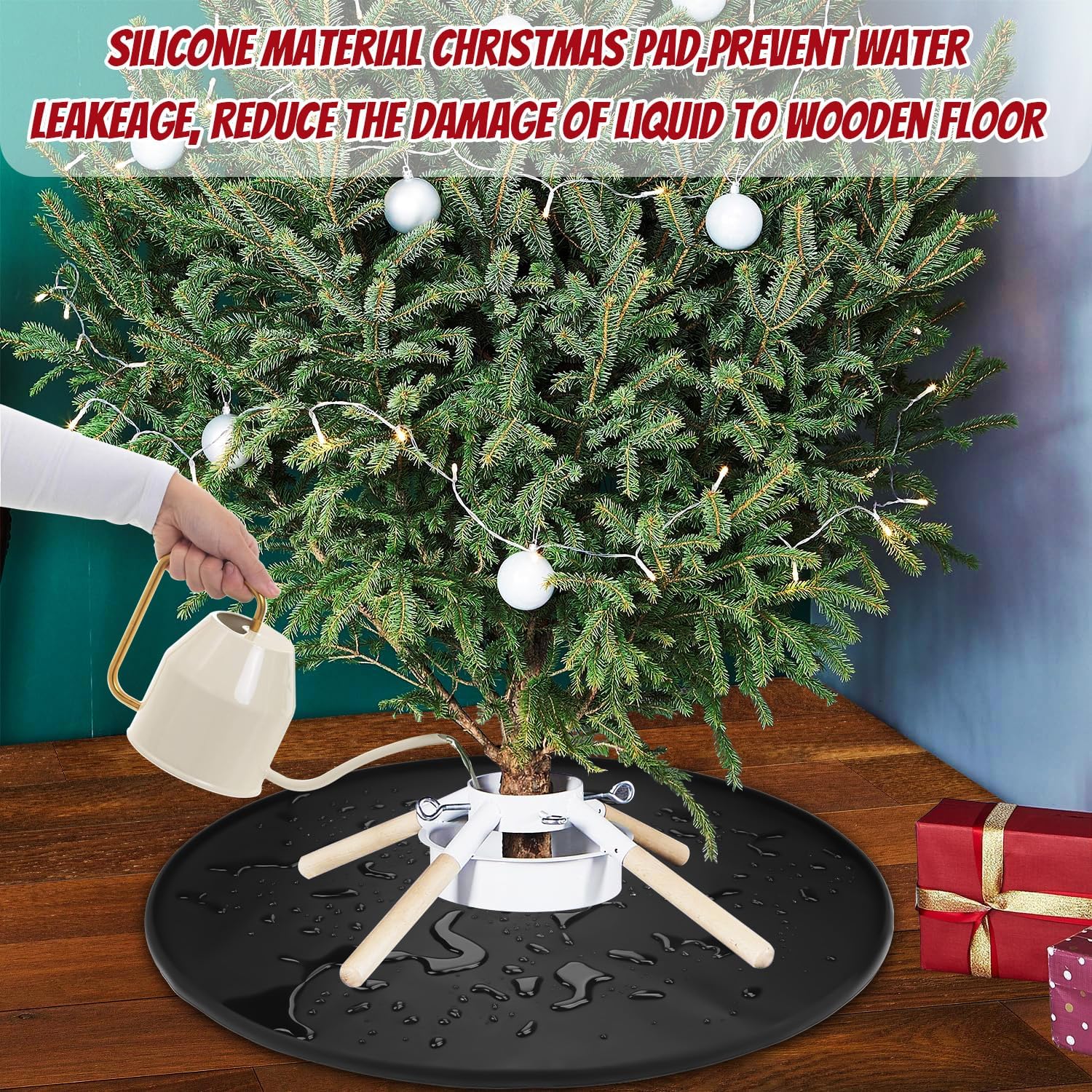 LURKA 31 Inch Christmas Tree Stands Mat with Embossed Christmas Design, Heavy Duty Christmas Tree Floor Protector, Waterproof Under Tree Pad for Christmas Tree Stand, Christmas Tree Floor Mat （Black）