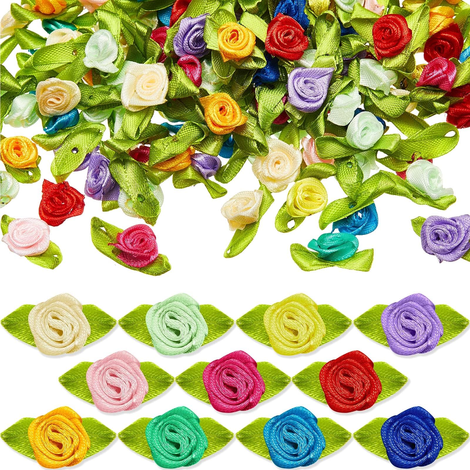 WILLBOND 300 Pcs Mini Ribbon Roses for Crafts Multicolor Artificial Fabric Flowers with Green Leaves Mini Ribbon Flower Tiny Satin Rosettes for DIY Crafting Sewing Wrapping Wedding Festival Decoration