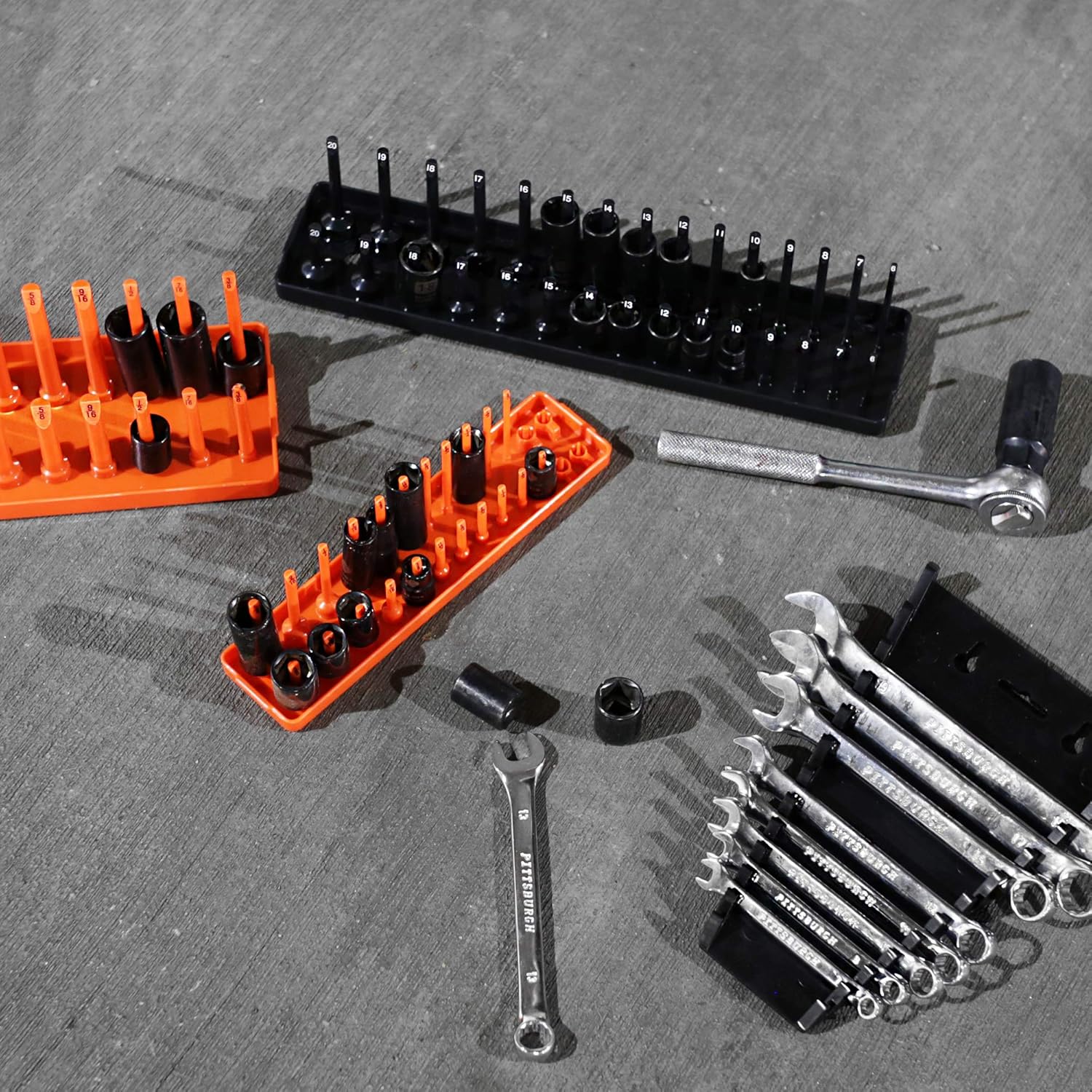 Oldman 6 Piece Socket Organizer Tray and 12 Tool Wrench Holder Set Space Saving Metric Tool Organization, Heavy Duty Dual Rail System 1/4" Drive, 3/8" Drive, and 1/2" Drive Holder For mechanics