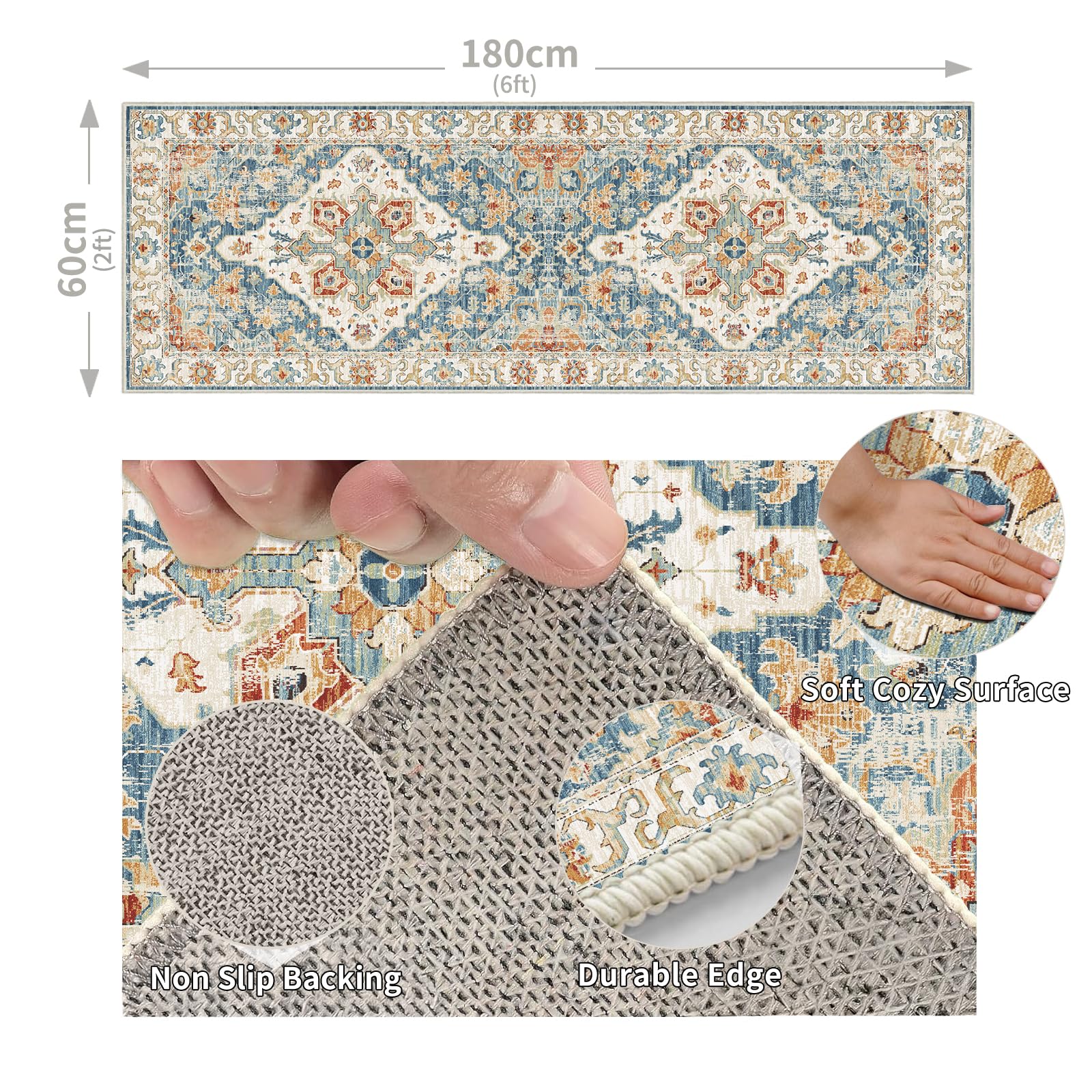 Cycleader 60x180cm Non-Slip Washable Runner Rug for Hallway, Vintage Boho Faux Cashmere Carpet Anti-Fatigue Kitchen Rugs Indoor Soft Long Floor Mat Low Pile Runners with Anti-Slip Backing for Bedroom - Image 2