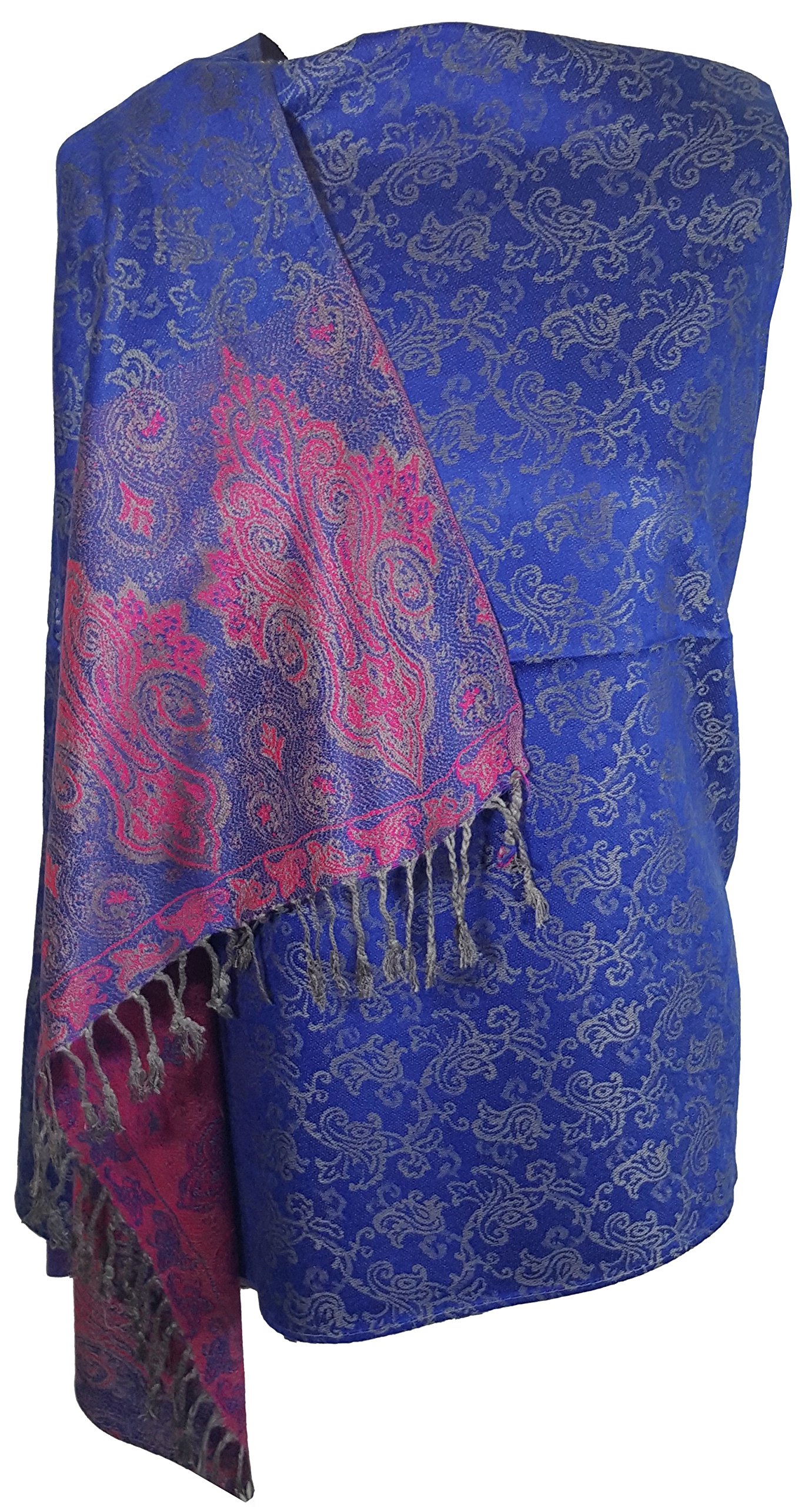World Of Shawls Women's Royalblue/Hotpink_5234 Floral Paisley Bordered Pashmina Feel Shawl Scarf Wrap Stole Luxuriously Warm Soft And Silky Touch ()