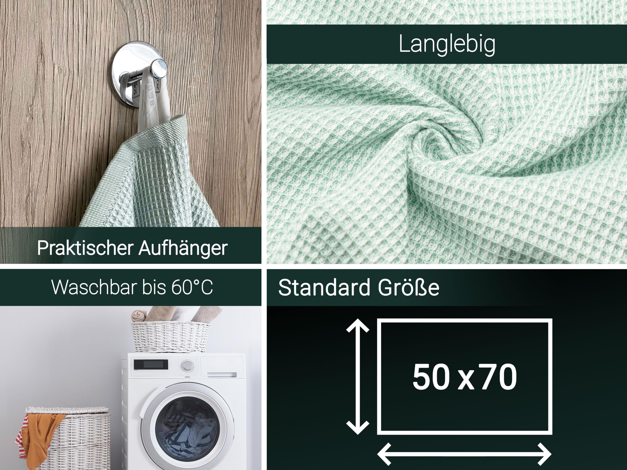 ZOLLNER 4er Set Geschirrtücher Baumwolle in 50x70 cm - saugstarke und langlebige Küchentücher in grün - waschbar bis 60°C – mit Aufhänger - Gastronomiequalität - Oeko Tex® Zertifiziert