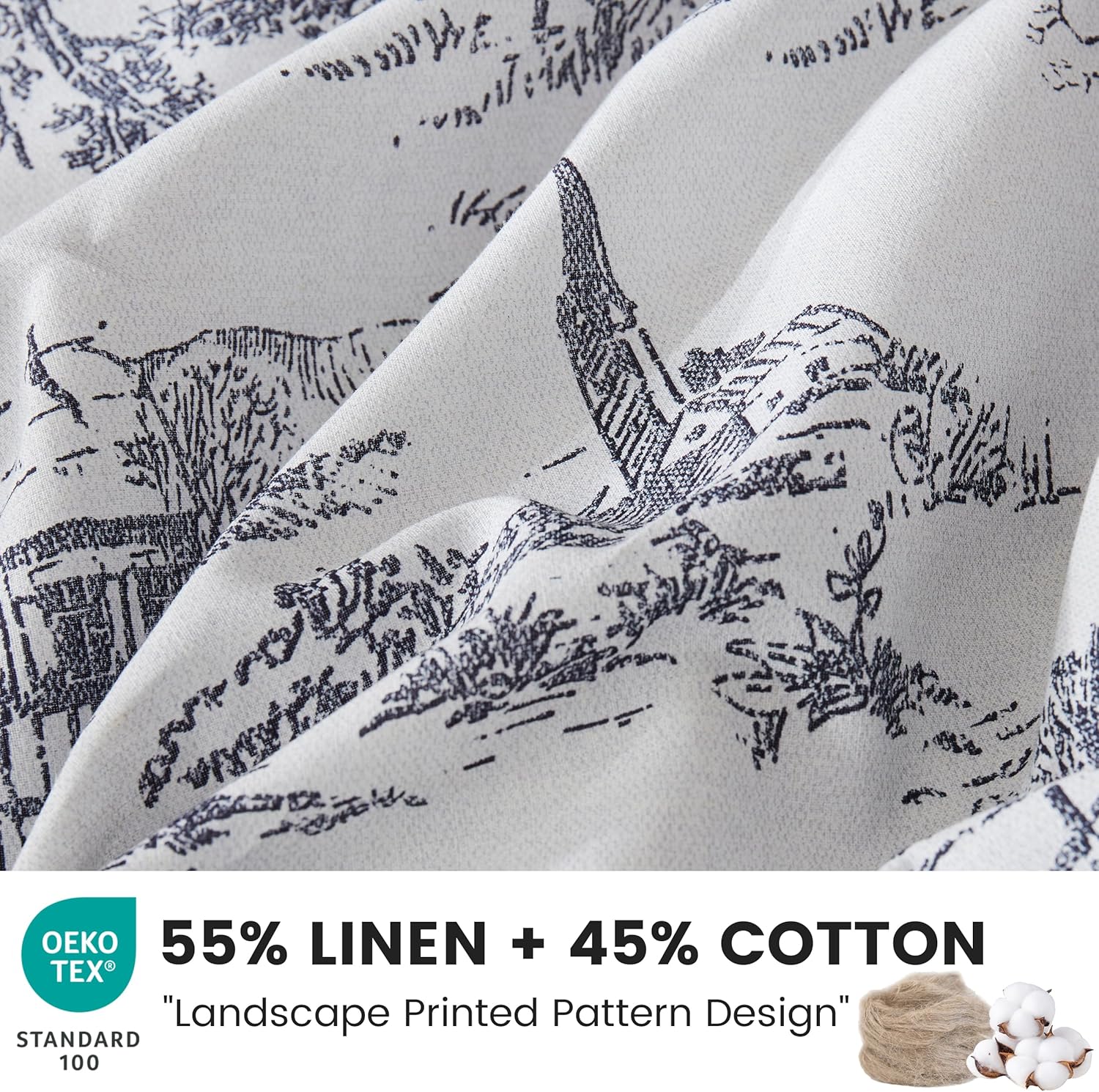 BISELINA Vintage Linen Duvet Cover Set Landscape Printed Pattern 3pcs (1 Comforter Cover, 2 Pillow Shams)- Natural Flax Cotton Blend Reversible Breathable Retro Country Bedding - Indigo, King