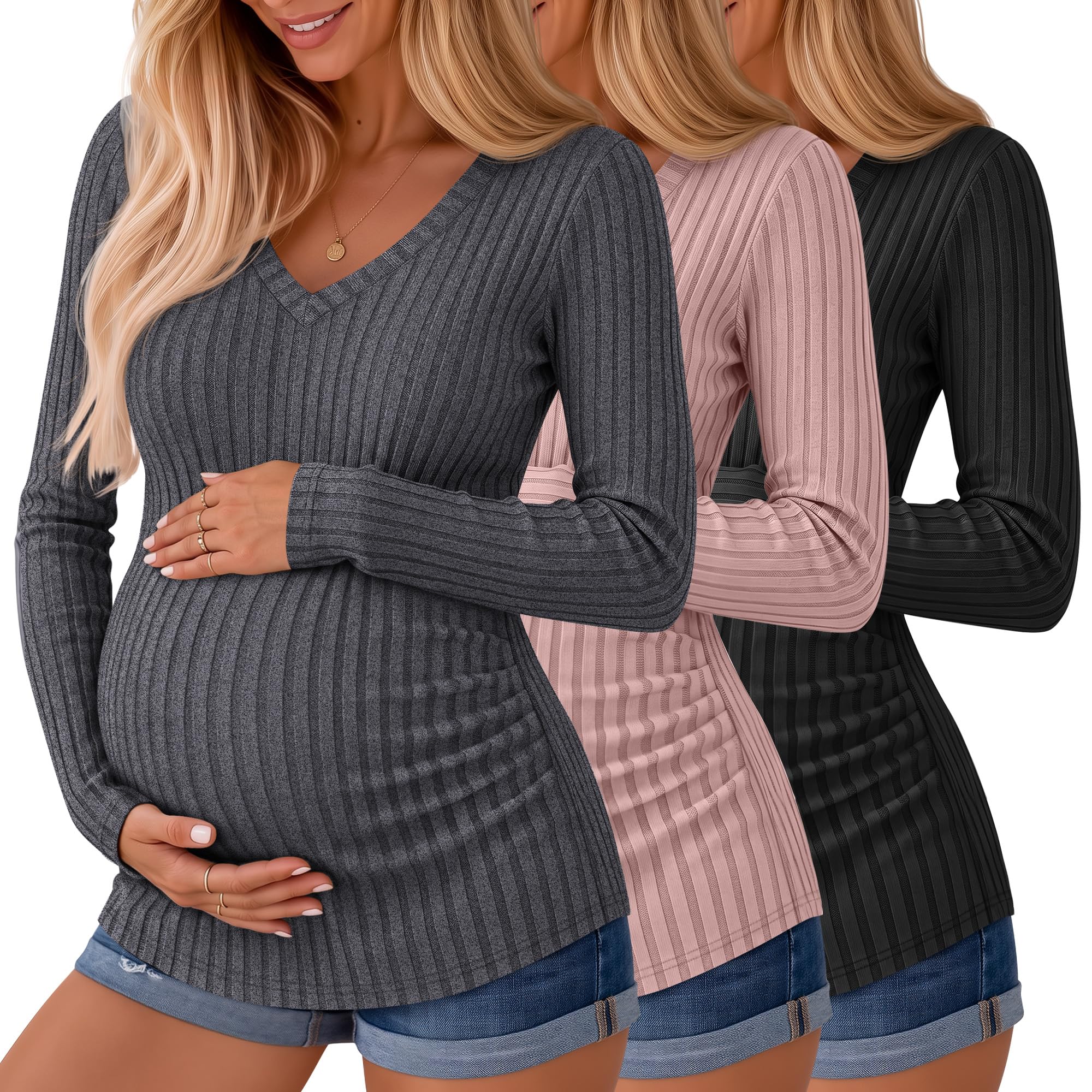 Ficerd 3 Pack Women Maternity Ribbed Long Sleeve Sweater Shirts