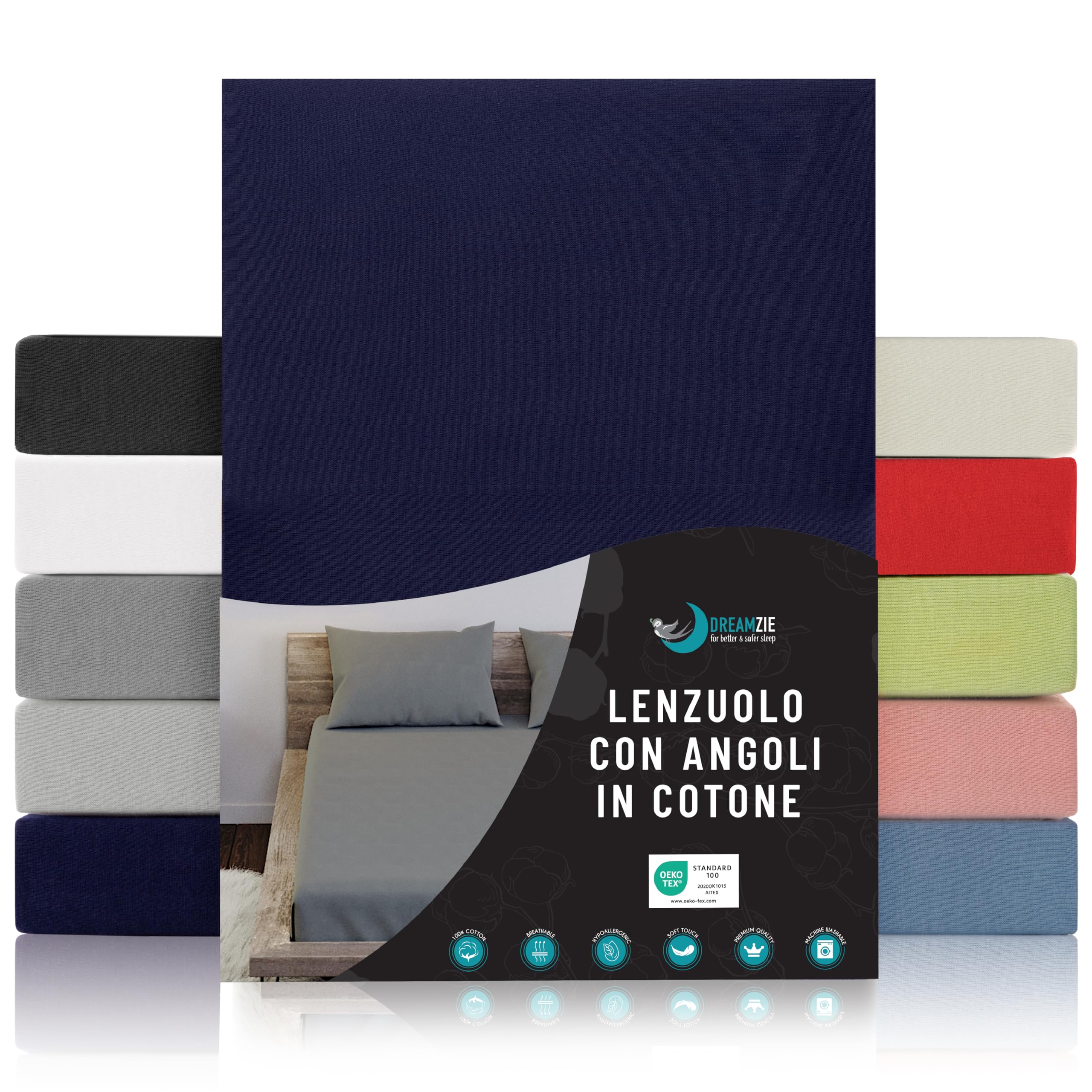 Lenzuolo Con Angoli In Cotone Jersey - 160x200 Cm - Oeko Tex Certificato - Blu Scuro - Foto 7