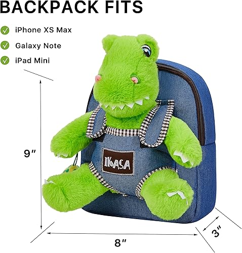 Miniatura 3 de IKASA Mochila para niños pequeños con juguete de peluche, bolsa de viaje preescolar para niñas pequeñas de 3, 4, 5, 6, 7 años, Azul (Dinosaur Blue)