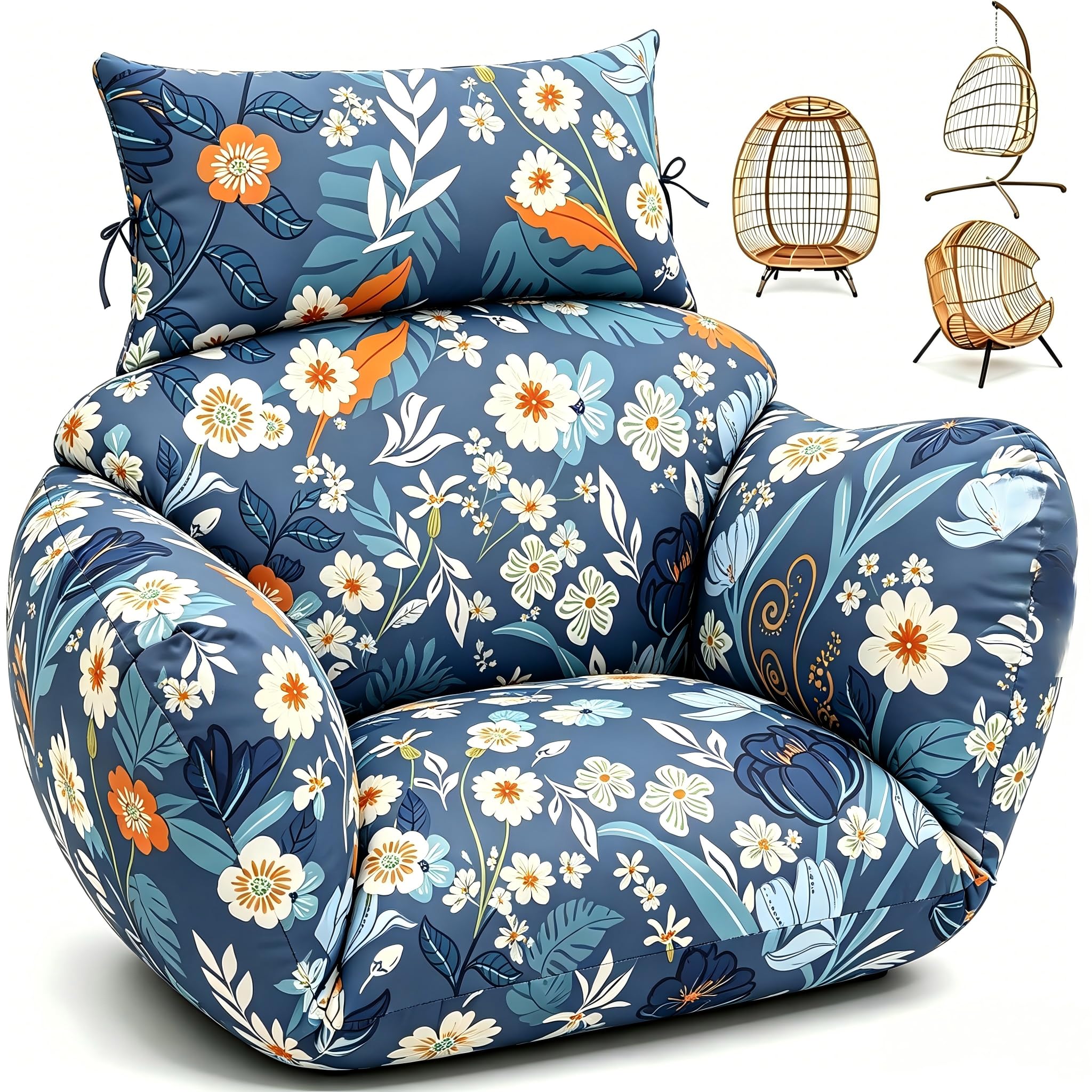 Photo 1 of Uthem Waterproof Egg Chair Cushion Replacement 47x31.5x4.7 inch Thicken Hanging Egg Swing Chair Cushion Indoor Outdoor Wicker Rattan Hammock Basket Cushion with Headrest Pillow, Blue Peony