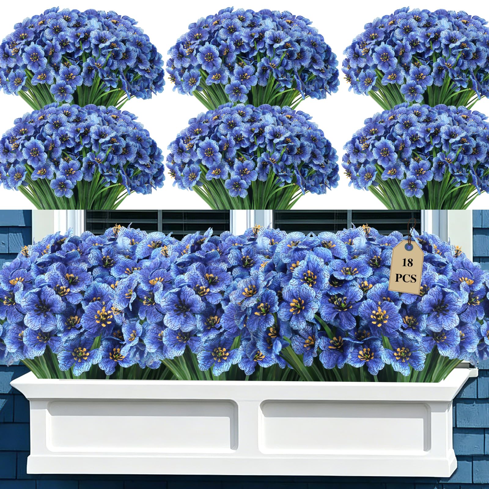 KALUZUZU 18 Bundles Artificial Flowers for garden,UV Resistant Fake Flowers,No Fade Silk Flowers with Decorative Faux Plastic Plants for Porch Window Box Hanging Baskets(Blue)