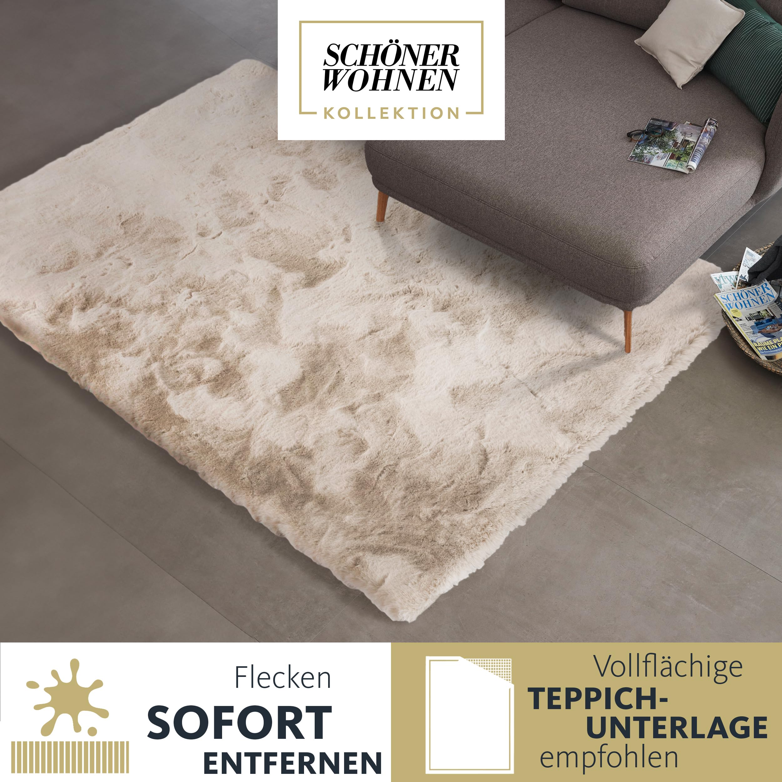 Schöner Wohnen Kollektion Tapis en Fausse Fourrure de Haute qualité Moelleux - Tapis Salon - Tapis à Poils Hauts Peau d'agneau - Peau de Mouton déco rectangulaire Beige 80 x 150 cm
