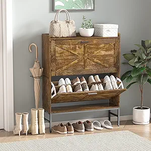 Rustic Brown Shoe Cabinet with Flip Drawers and Boot Rack