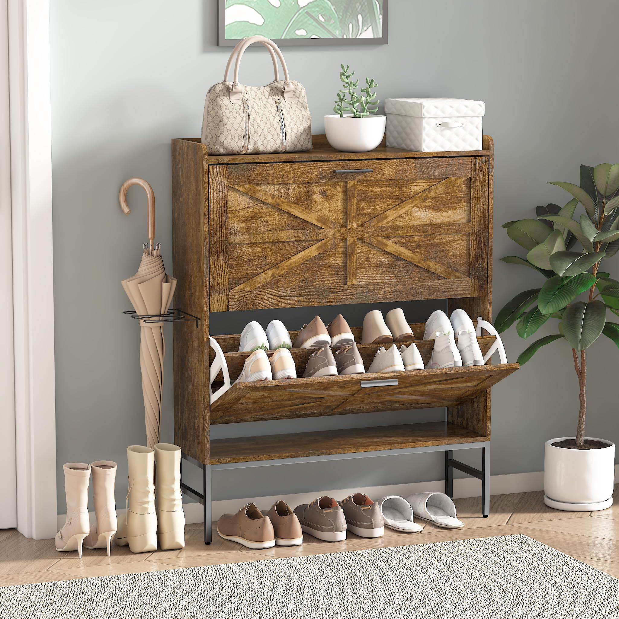 shoe cabinet with 2 flip drawers narrow shoes storage cabinet with 1 boot rack flip down shoe closet shoe organizer for entryway foyer hallway (rustic brown)