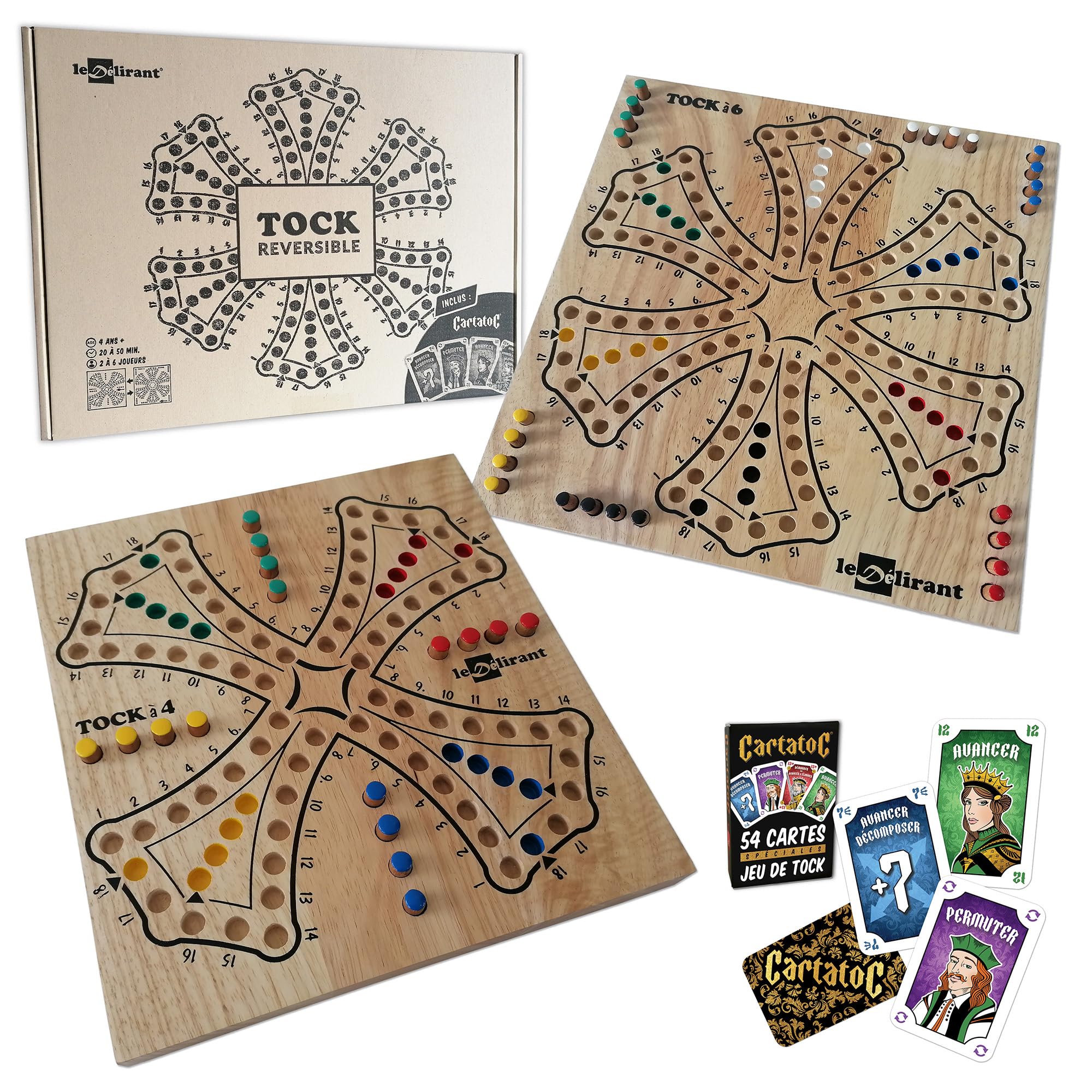 Jeu de Tock Réversible 4 à 6 Joueurs - Fabrication Artisanale en Bois d’Hévéa Massif – Marque Française - à Partir de 6 Ans - Inclus 54 Cartes CartatoC - Jeux de Société Familial.