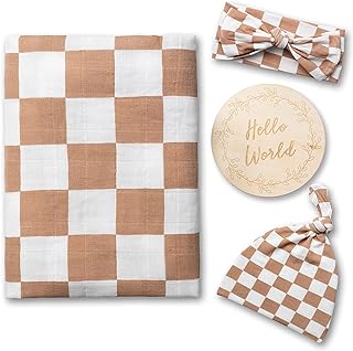 Miaoberry 100% Organic Muslin Swaddle Set| Checkered in Coffee Latte with Matching Hat/Headband