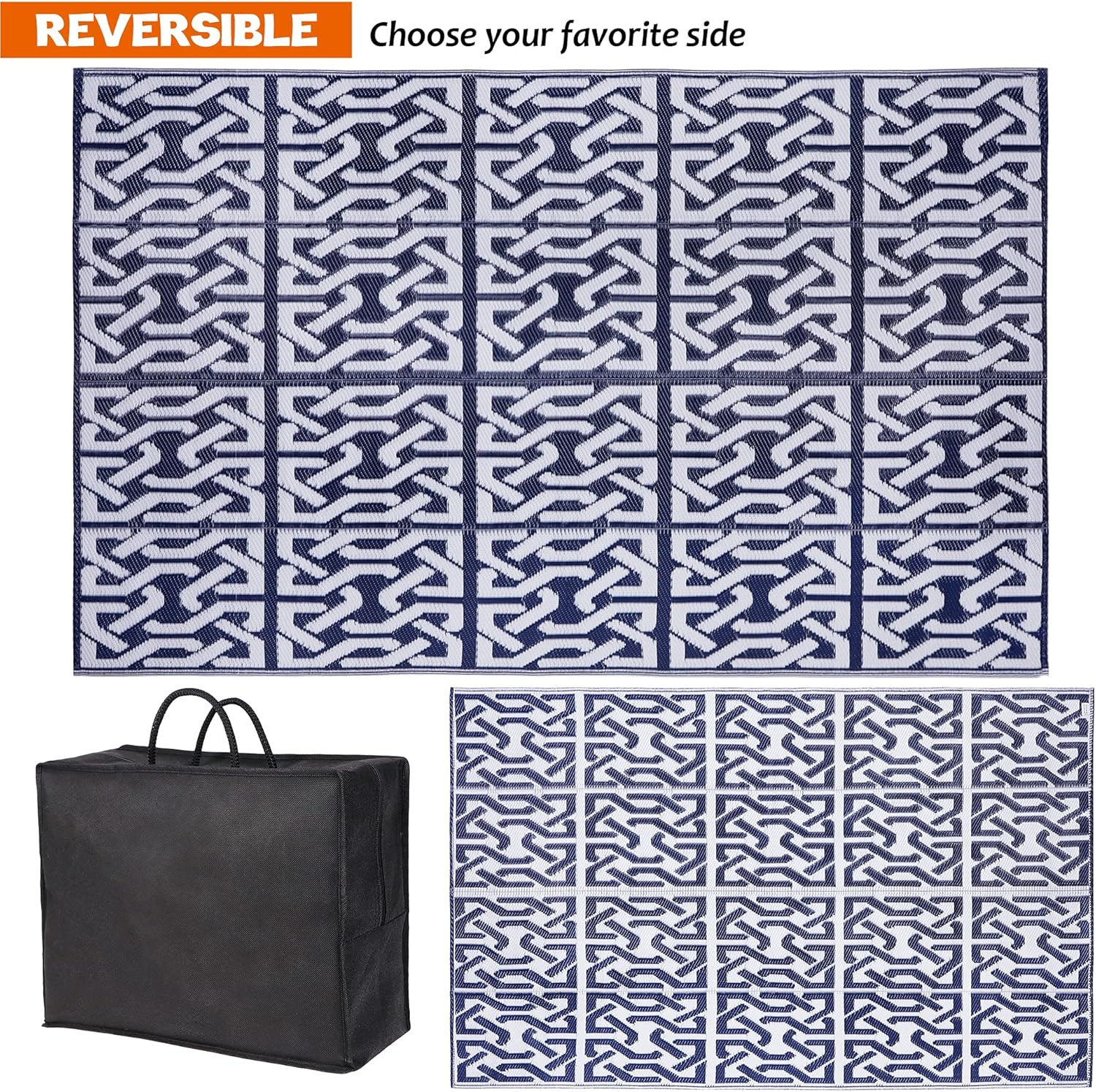 SAND MINE Reversible Mats, Plastic Straw Rug, Modern Area Rug, Large Floor Mat Rug for Outdoors, RV, Patio, Backyard, Deck, Picnic, Beach, Trailer, Camping, Dark Blue & White, 5' x 8'