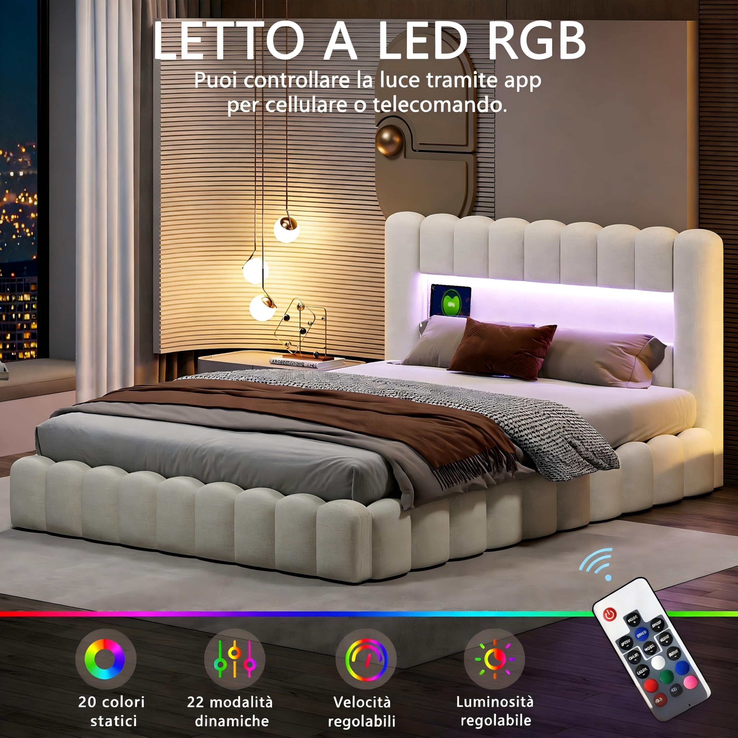 Letto King Size 180x200 con Contenitore Idraulico, Letto Imbottito con LED e USB, Struttura Letto Matrimoniale Grande con Testiera Portaoggetti, Beige, Lino (Senza Materasso)