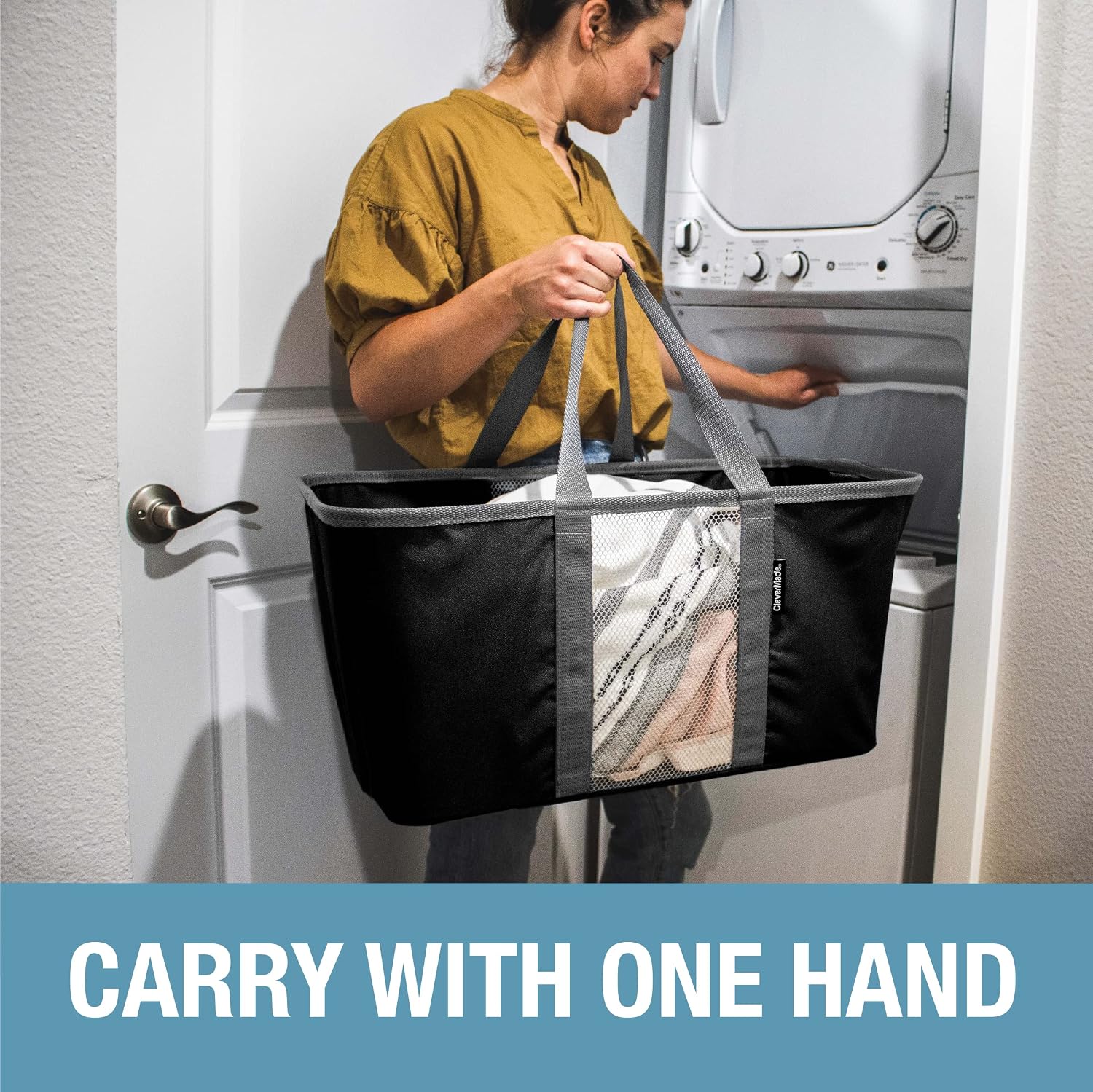 CleverMade Collapsible Fabric Laundry Basket - Foldable Pop-Up Bin - Space Saving Clothes Hamper Tote with Carry Handles & Divider, 2 Pack, Black/Charcoal