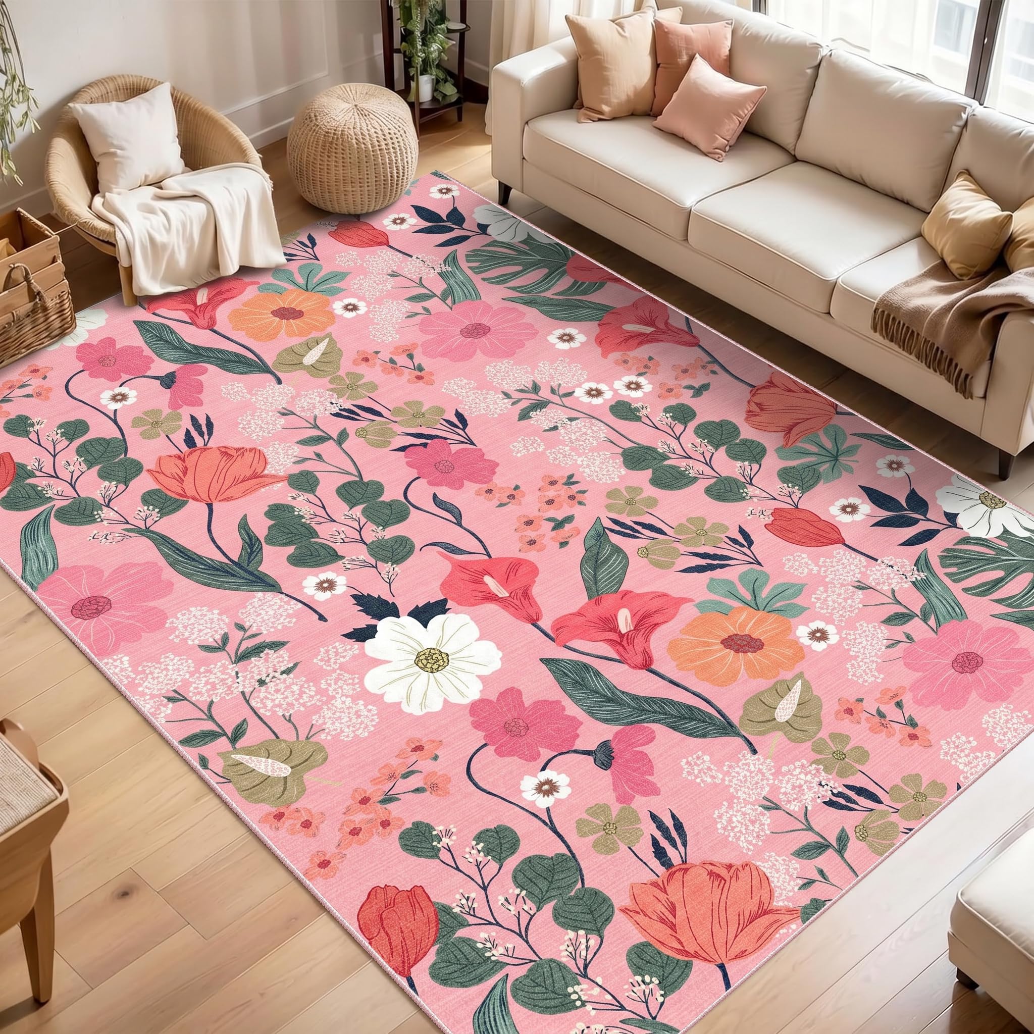 WQMMD Large Area Pink Rugs Floral for Living Room 160x230cm Machine Washable Extra Large Rug Non-Slip Low Pile Boho Vintage Carpet for Kids Room, Bedroom, Kitchen, Entryway, Lounge, Dining Room โ image 1