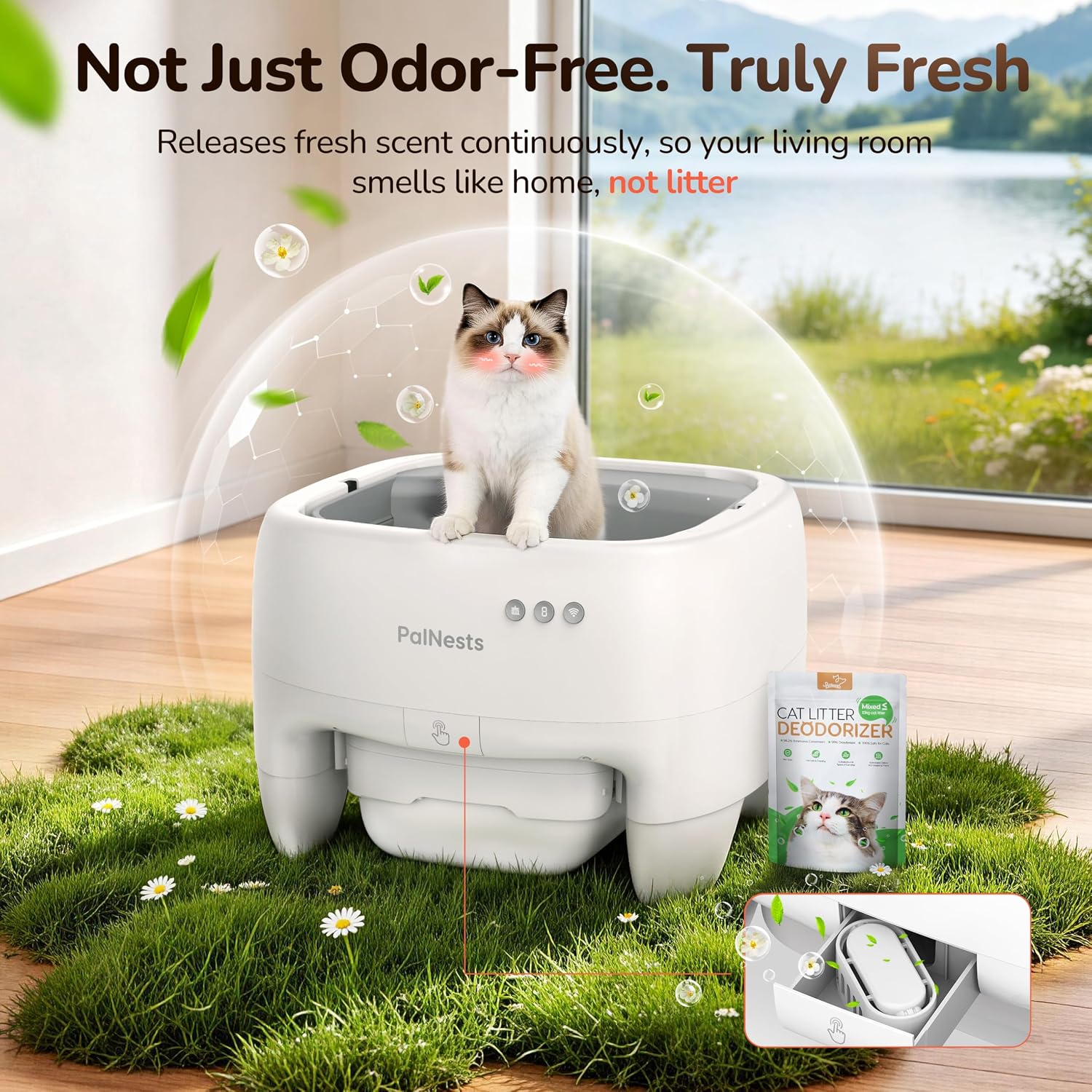 Self Cleaning Cat Litter Box, Open Top Automatic Litter Box for Multi-Cat Homes, Safety Sensors with App Control, Large Capacity, Odor Control, Includes Waste Bags & Litter Deodorizer, White