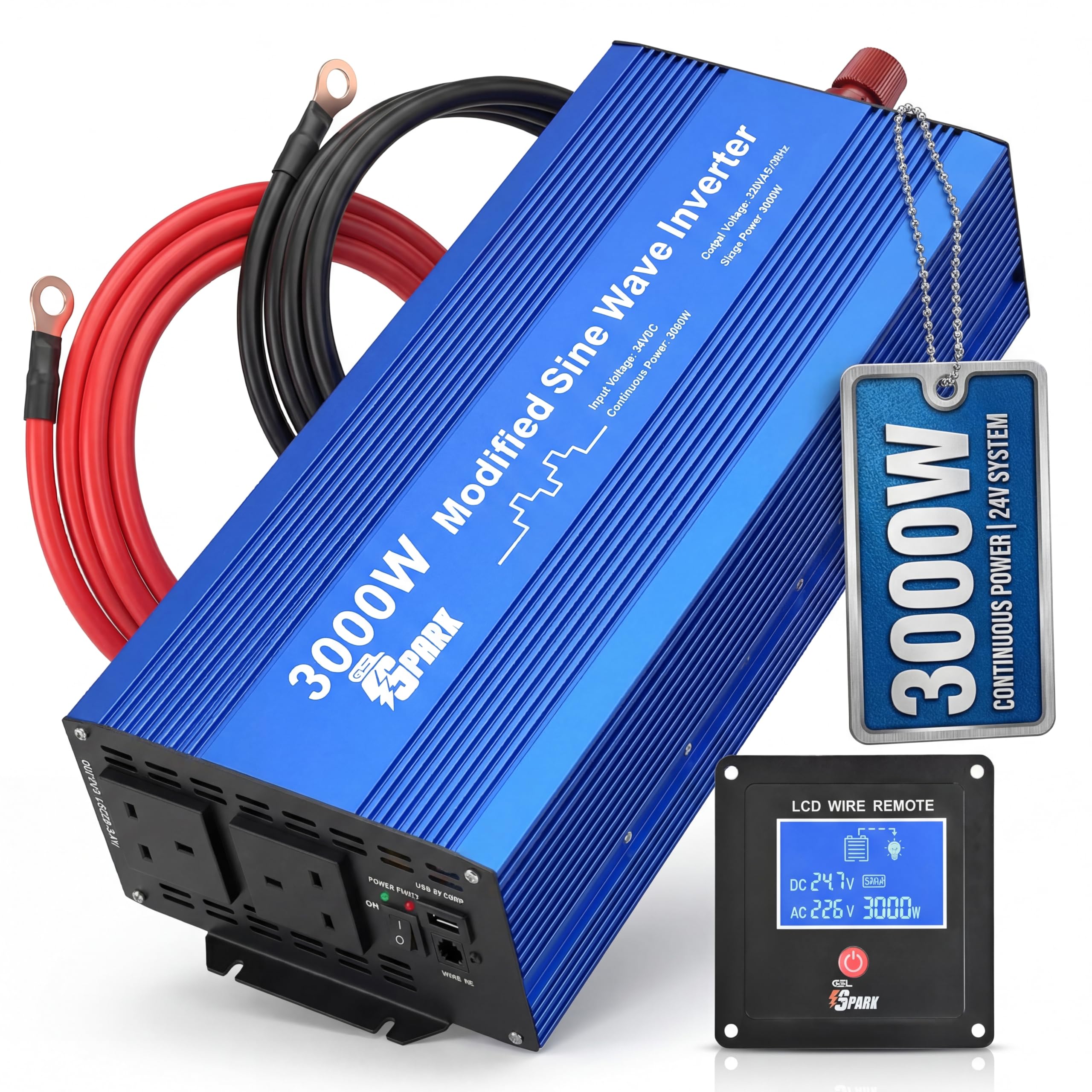 3000W 24V Power Inverter DC 24V to 240V 230V 220V AC with LCD remote Display, Remote Control and USB Port for Truck, Lorry 24v battery