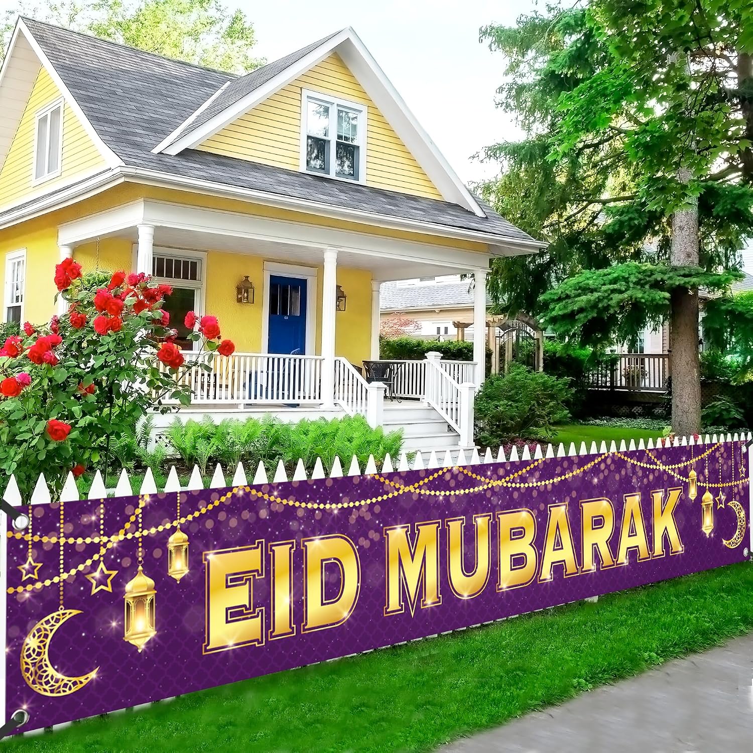 KatchOn, Large Eid Mubarak Banner – 120x20 Inch | Purple Eid Decorations for Home, Eid Sign, Eid Mubarak Yard Banner, Perfect for Eid al-Fitr Decorations & Eid al-Adha Celebrations