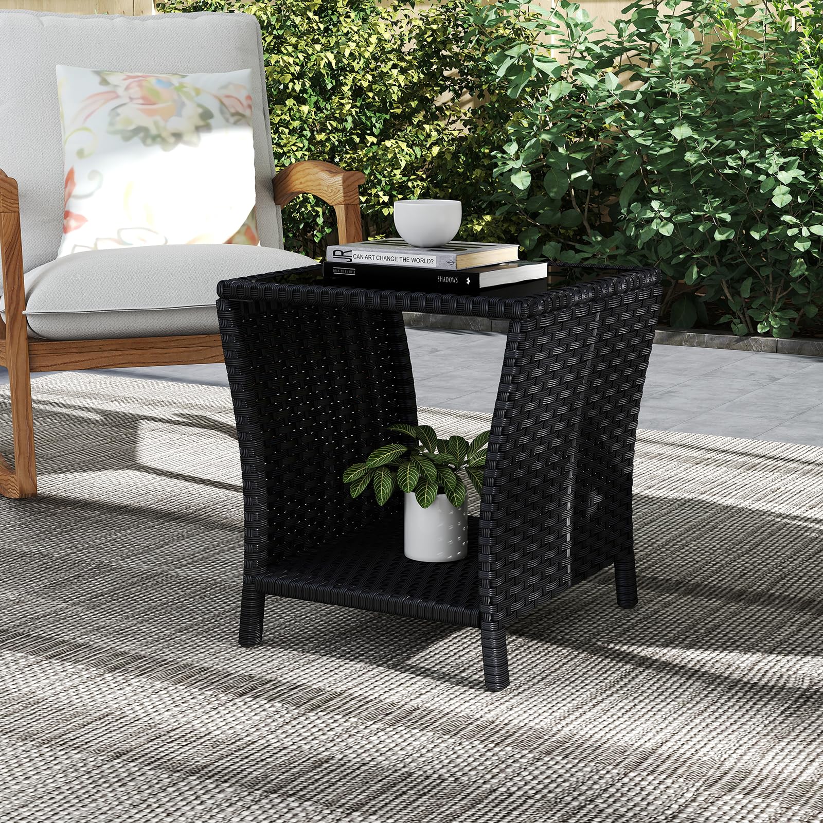 Kinsunny Outdoor Small Patio Table - PE Rattan Coffee Table, Wicker Side Table for Patio, Balcony & Porch, Durable & Iron Frame (1, Black)