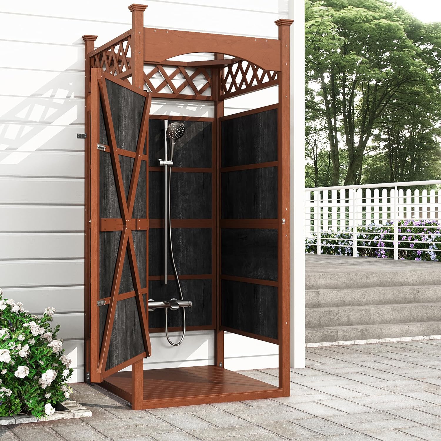 Outdoor Shower Enclosure with Shower Mat & Lockable Door, Solid Wood Privacy Outside Shower Stall, Outdoor Changing Room for Pool Wash Station, Patio or Beach Rinse Station
