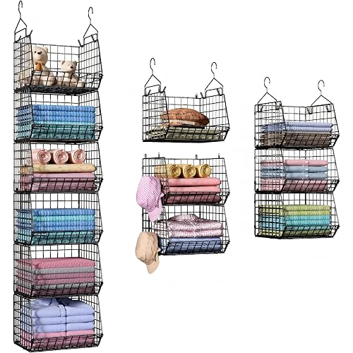 6 Tier Closet Hanging Organizer, Clothes Hanging Shelves with 4 Hanging Hooks 5 S Hooks, Wire Storage Basket Bins, for Clothing Sweaters Shoes Handbags Clutches Accessories Patent Design-Black