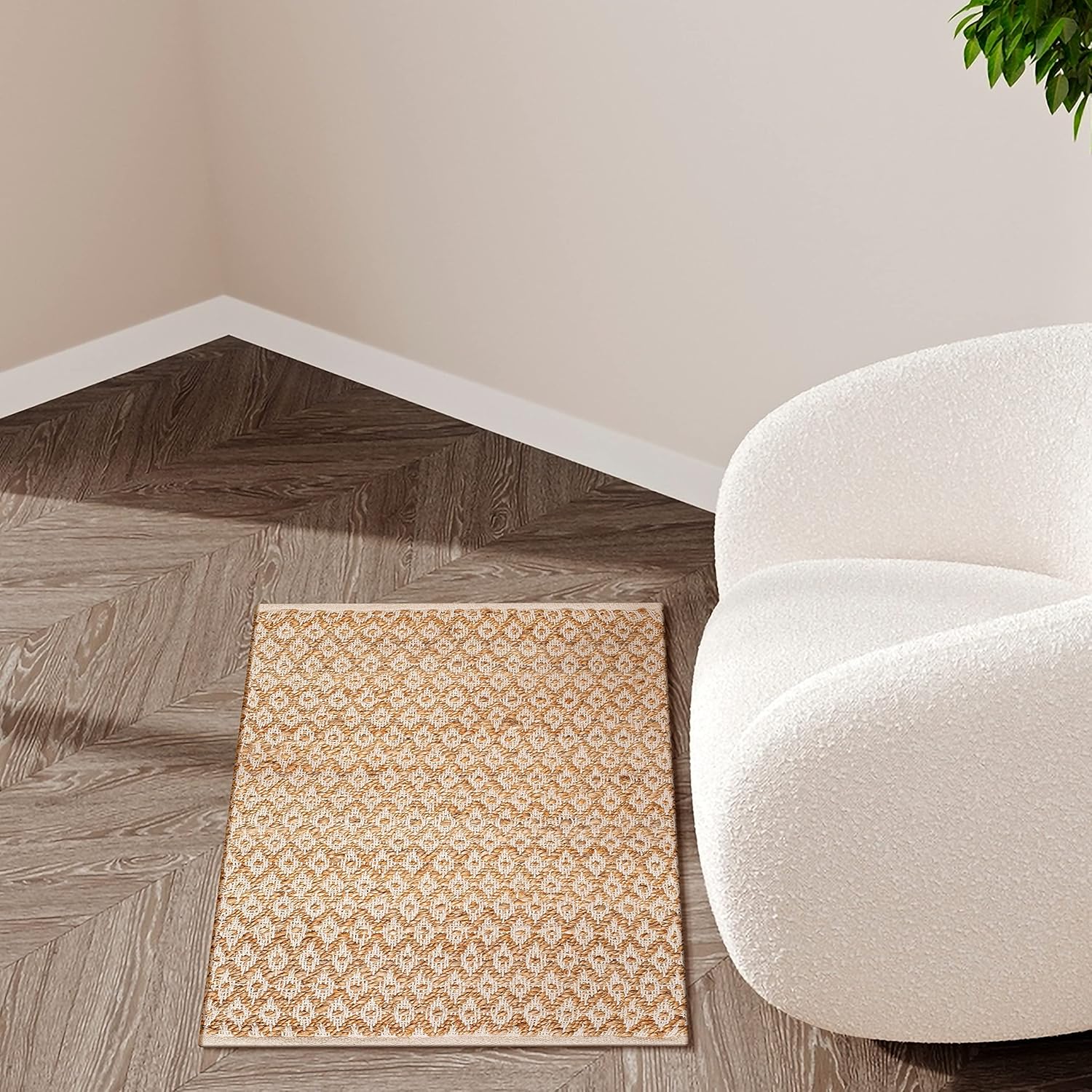 Ramanta Home Jute Cotton Area Rug 24x36 Inches Natural White, Handwoven Reversible Boho Diamond Floor Rugs for Entrance, Bedroom, Living Room, Kitchen | Farmhouse Artistic Design for Patio Décor
