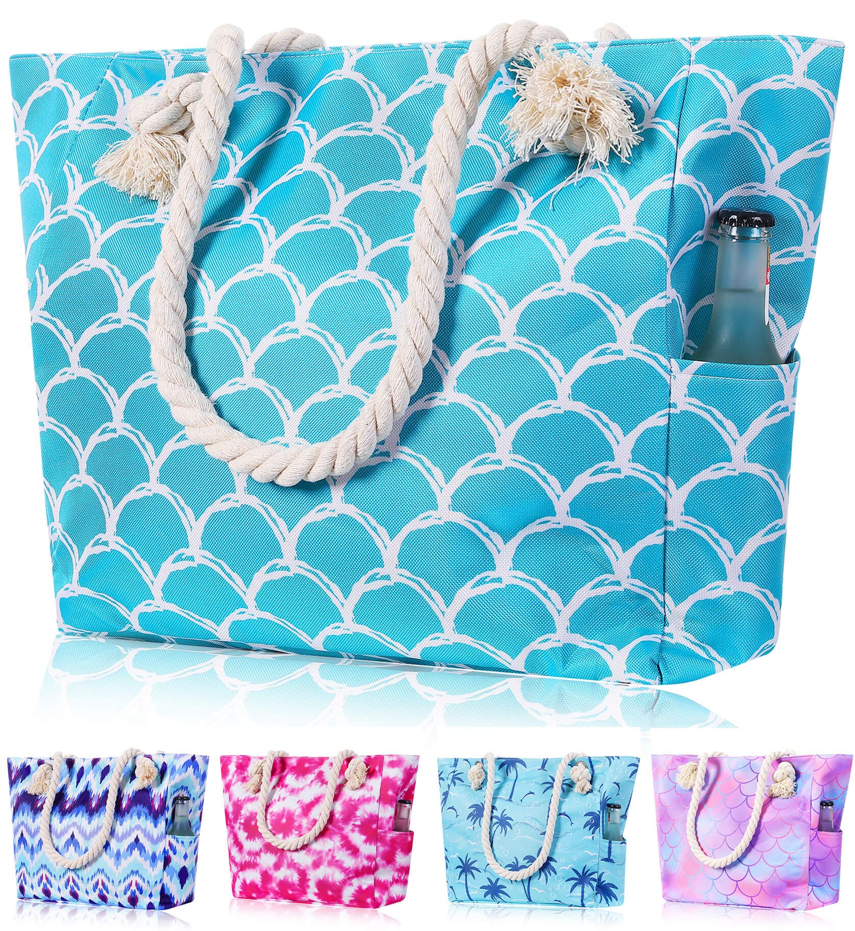 TESALATELarge Canvas Beach Tote Bag with Zipper Waterproof for Women Swim,Travel,Shopping,Gym and Holiday Cruise Essentials