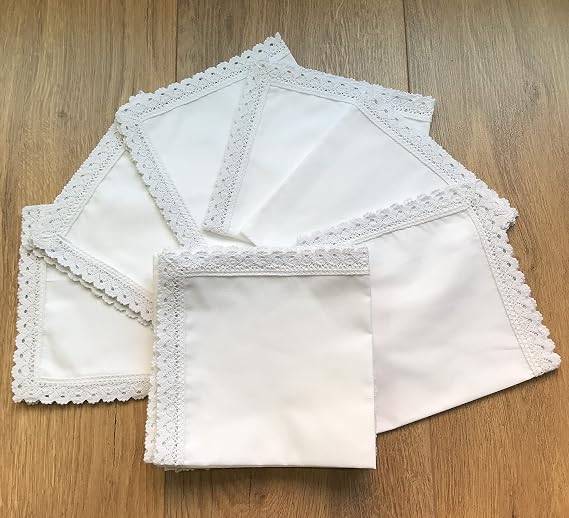 White cotton 11x11 lady's handkerchiefs with lace edge, Set of 6