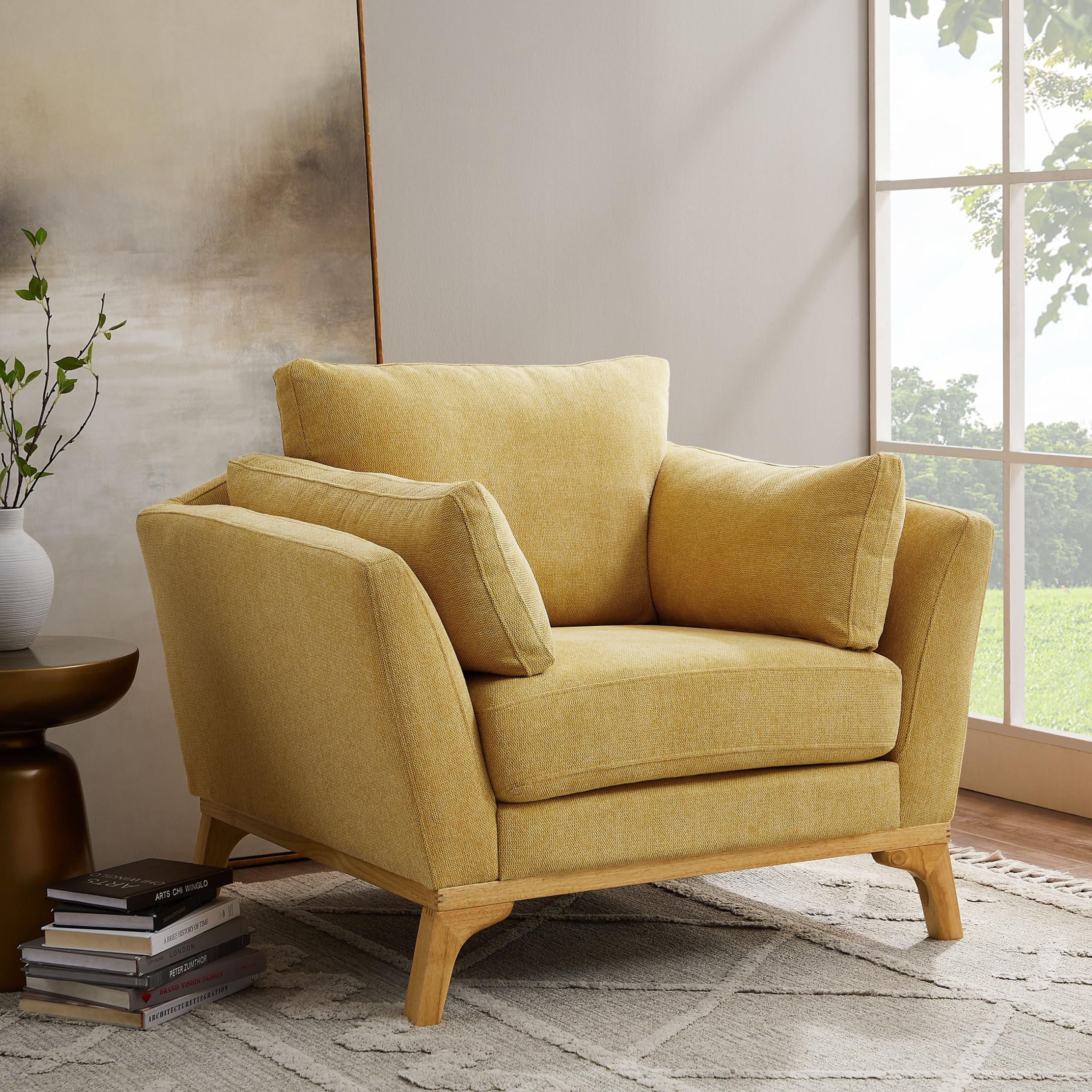 VANOMi Large-Sized Accent Chair, Thick Cushion Bedroom Reading Chair, Comfortable Living Room Single Sofa, Linen Yellow