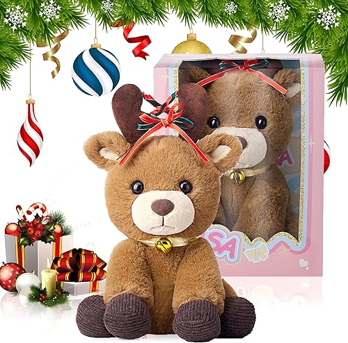 Miniatura 5 de IKASA Juguetes de peluche de renos de Navidad, 11.5 pulgadas, lindo peluche de reno suave, caja de regalo festiva, regalos de Navidad para niños