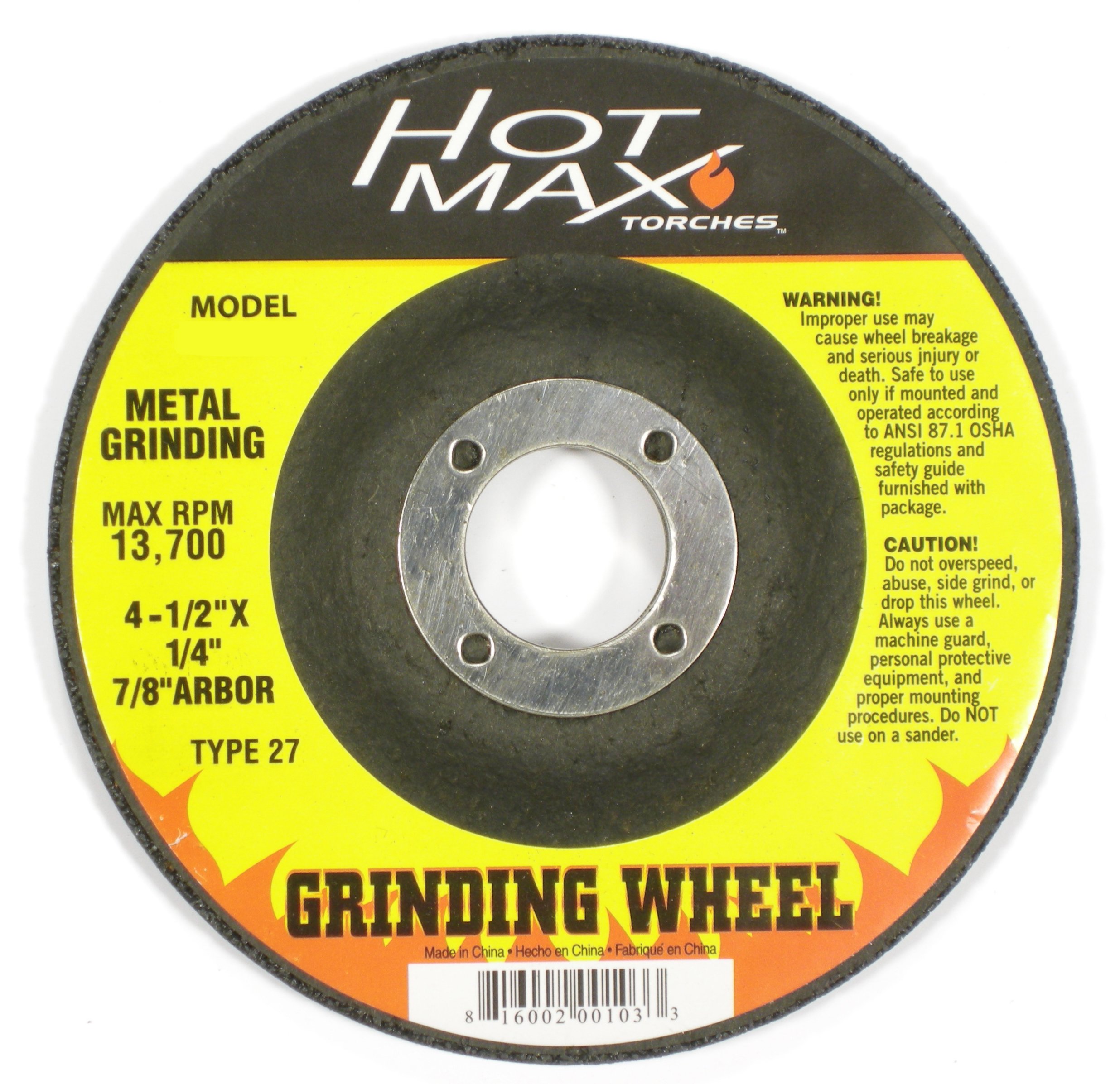 Hot Max 4-1/2" Grinding Wheel With Hub - Type 27, 5/8" Arbor, 1/4" Thick