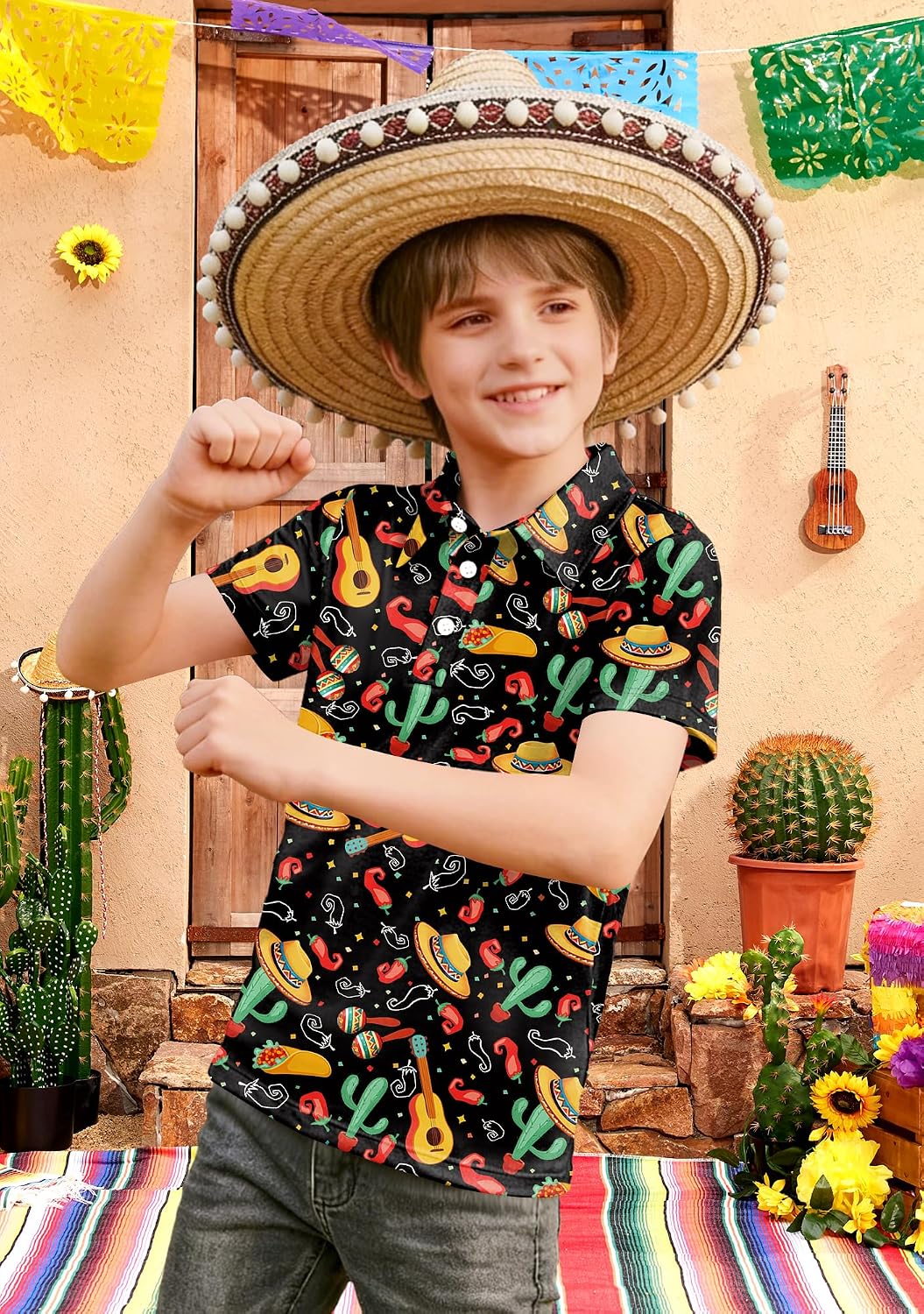 Big Boy Cinco de Mayo Funny Polo Shirts Button Up Mexican Short Sleeve Traditional Outfit Taco & Cactus 14 Years