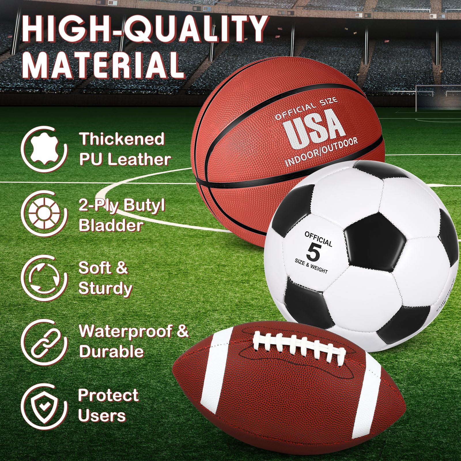 Juego deportivo de 3 pelotas deportivas que incluye tamaño oficial, fútbol, baloncesto, fútbol con bomba y bolsa de transporte para adolescentes y adultos, suministros de Navidad (marrón 3